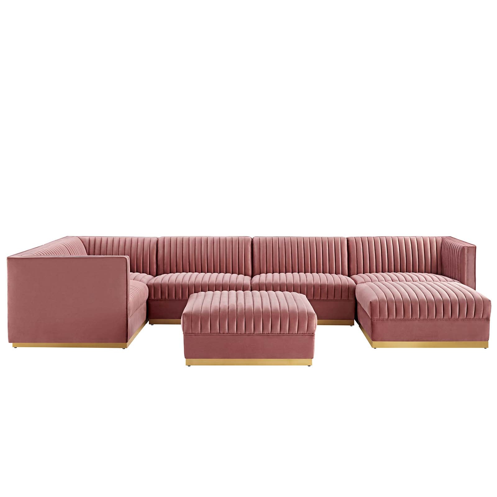 Modway Sectional Sofas - Sanguine Channel Tufted Performance Velvet 7-Piece Left-Facing Modular Sectional Sofa Dusty Rose