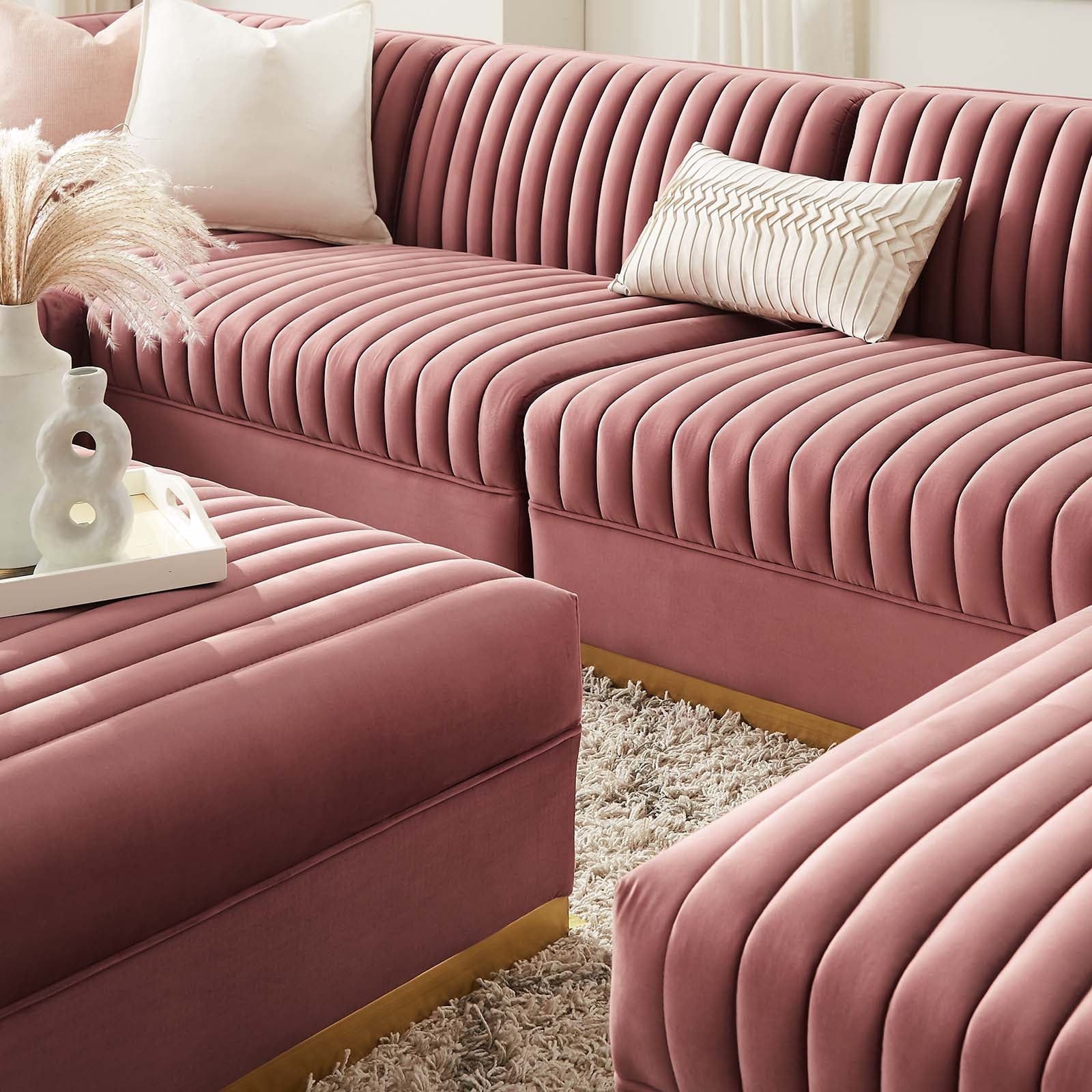 Modway Sectional Sofas - Sanguine Channel Tufted Performance Velvet 7-Piece Left-Facing Modular Sectional Sofa Dusty Rose