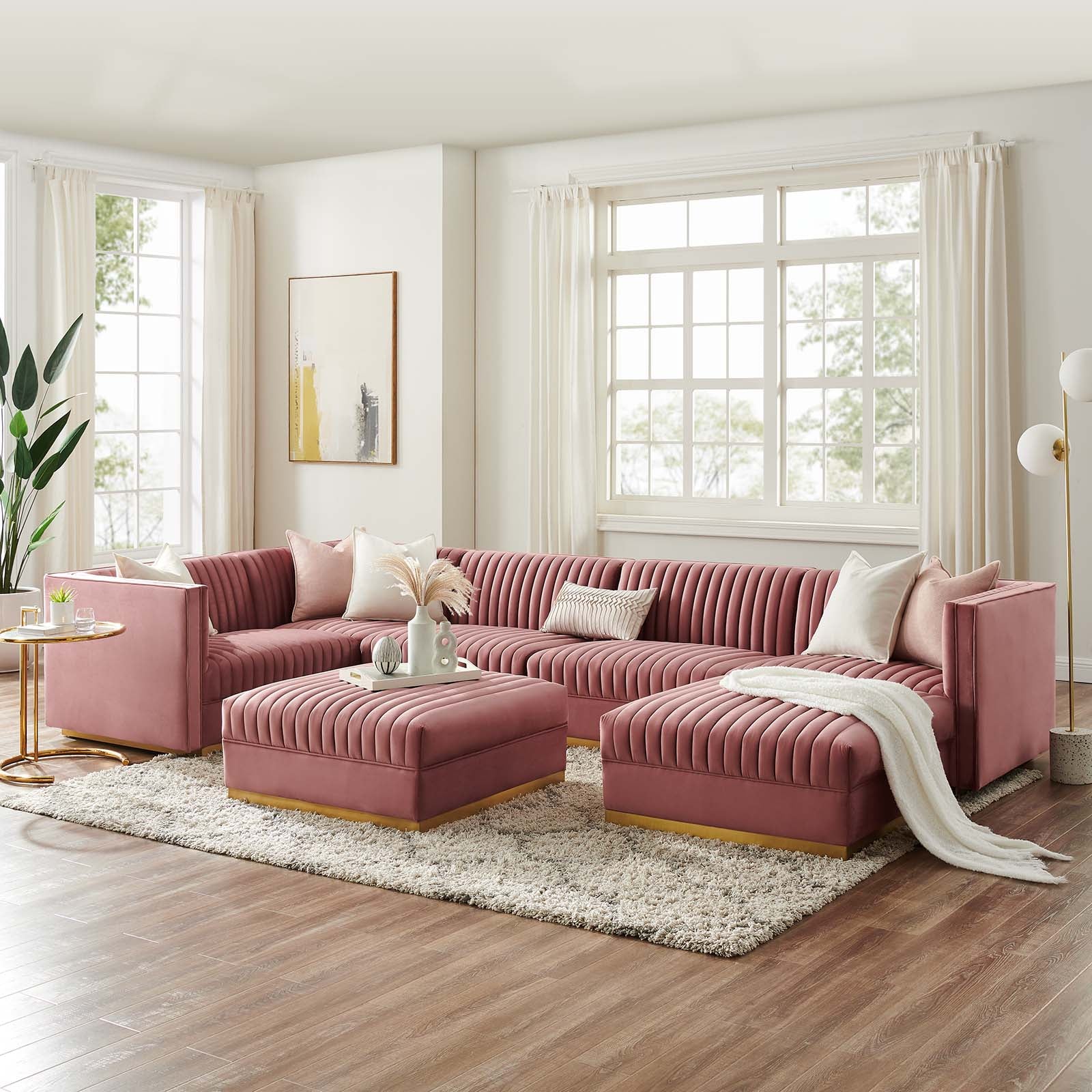 Modway Sectional Sofas - Sanguine Channel Tufted Performance Velvet 7-Piece Left-Facing Modular Sectional Sofa Dusty Rose