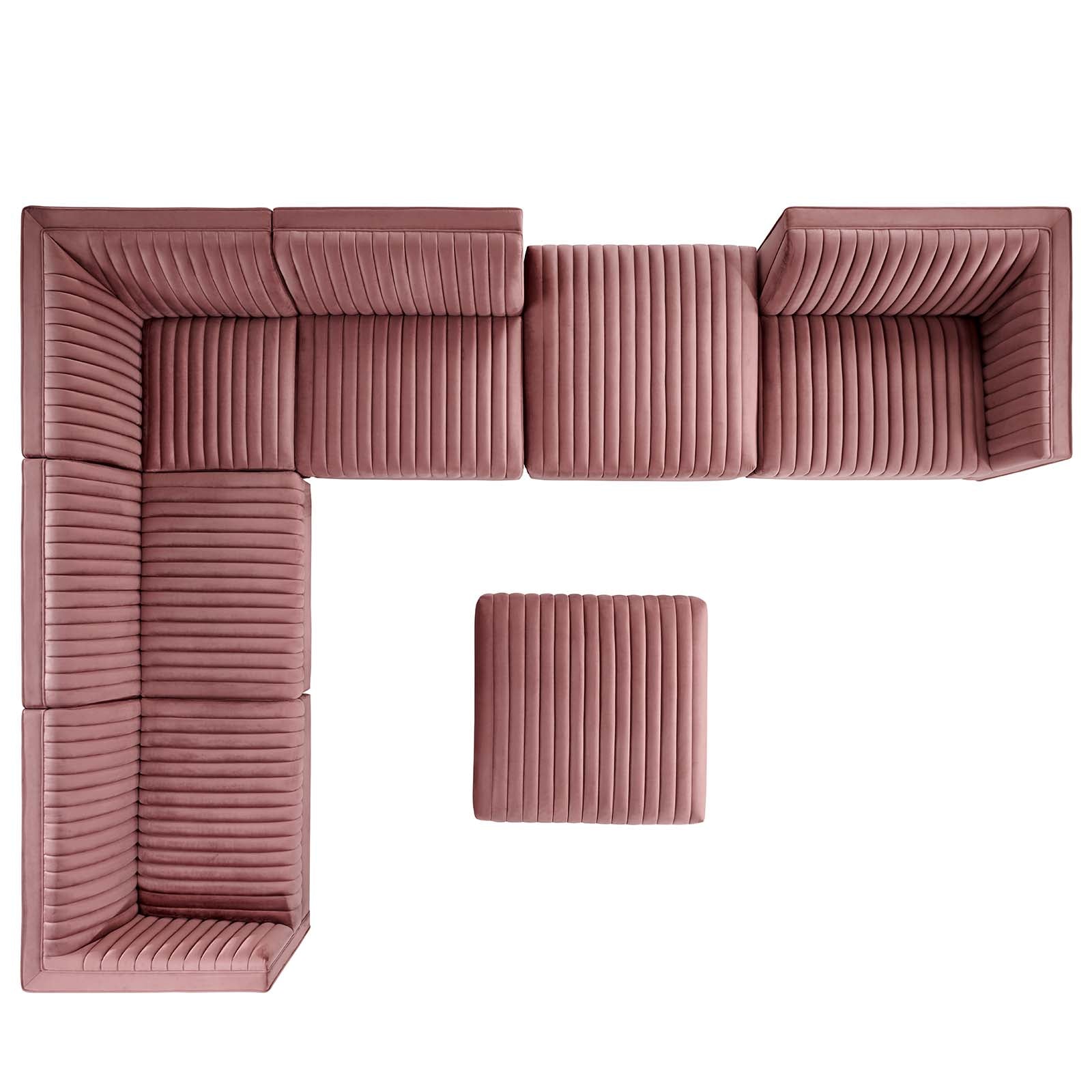 Modway Sectional Sofas - Sanguine Channel Tufted Performance Velvet 7-Piece Left-Facing Modular Sectional Sofa Dusty Rose