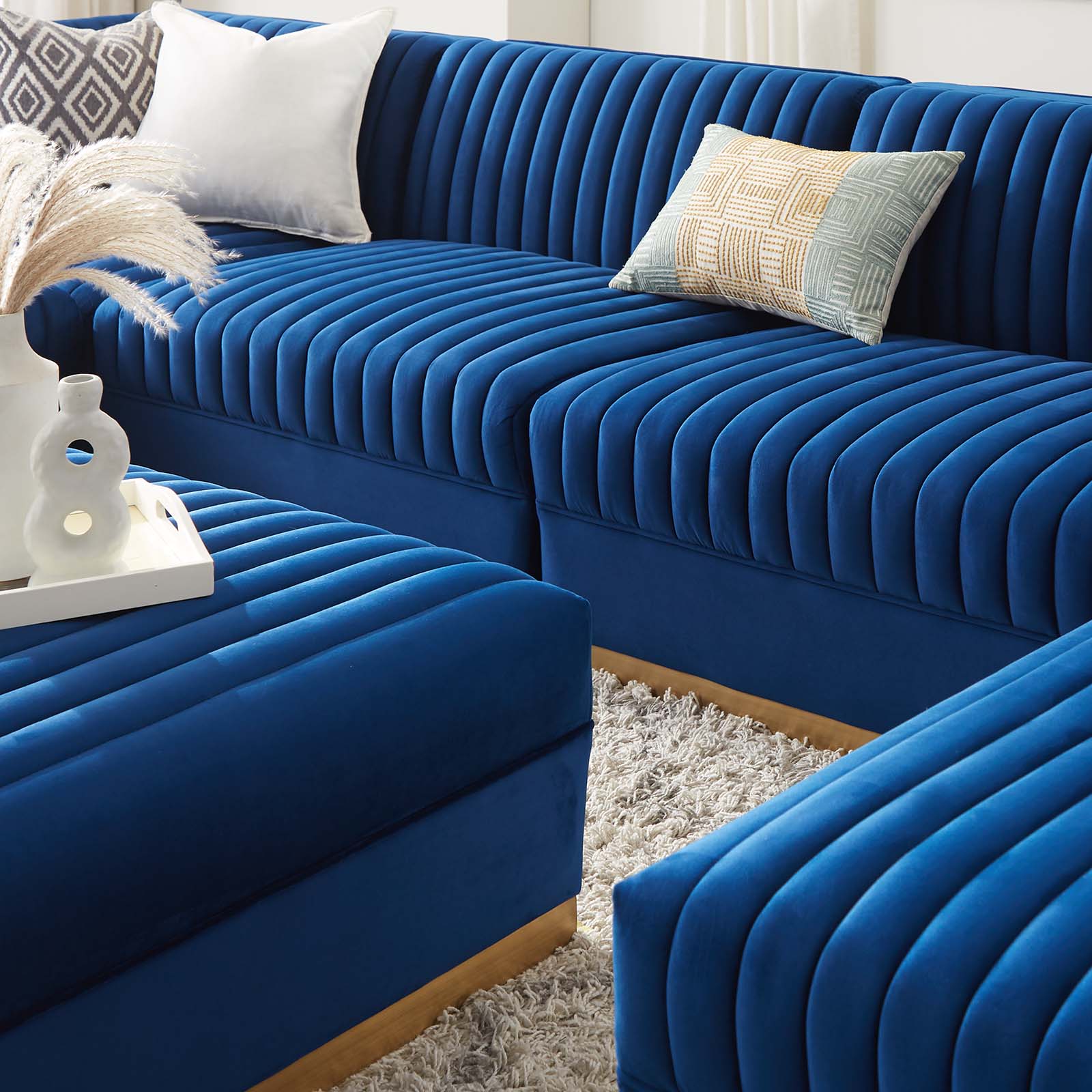 Modway Sectional Sofas - Sanguine Channel Tufted Performance Velvet 7-Piece Left-Facing Modular Sectional Sofa Navy