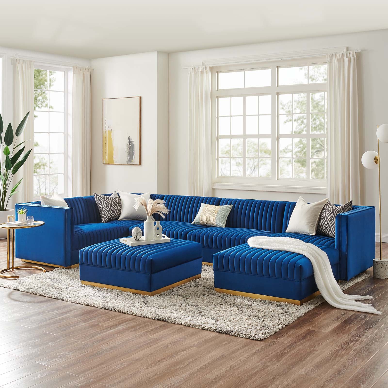 Modway Sectional Sofas - Sanguine Channel Tufted Performance Velvet 7-Piece Left-Facing Modular Sectional Sofa Navy
