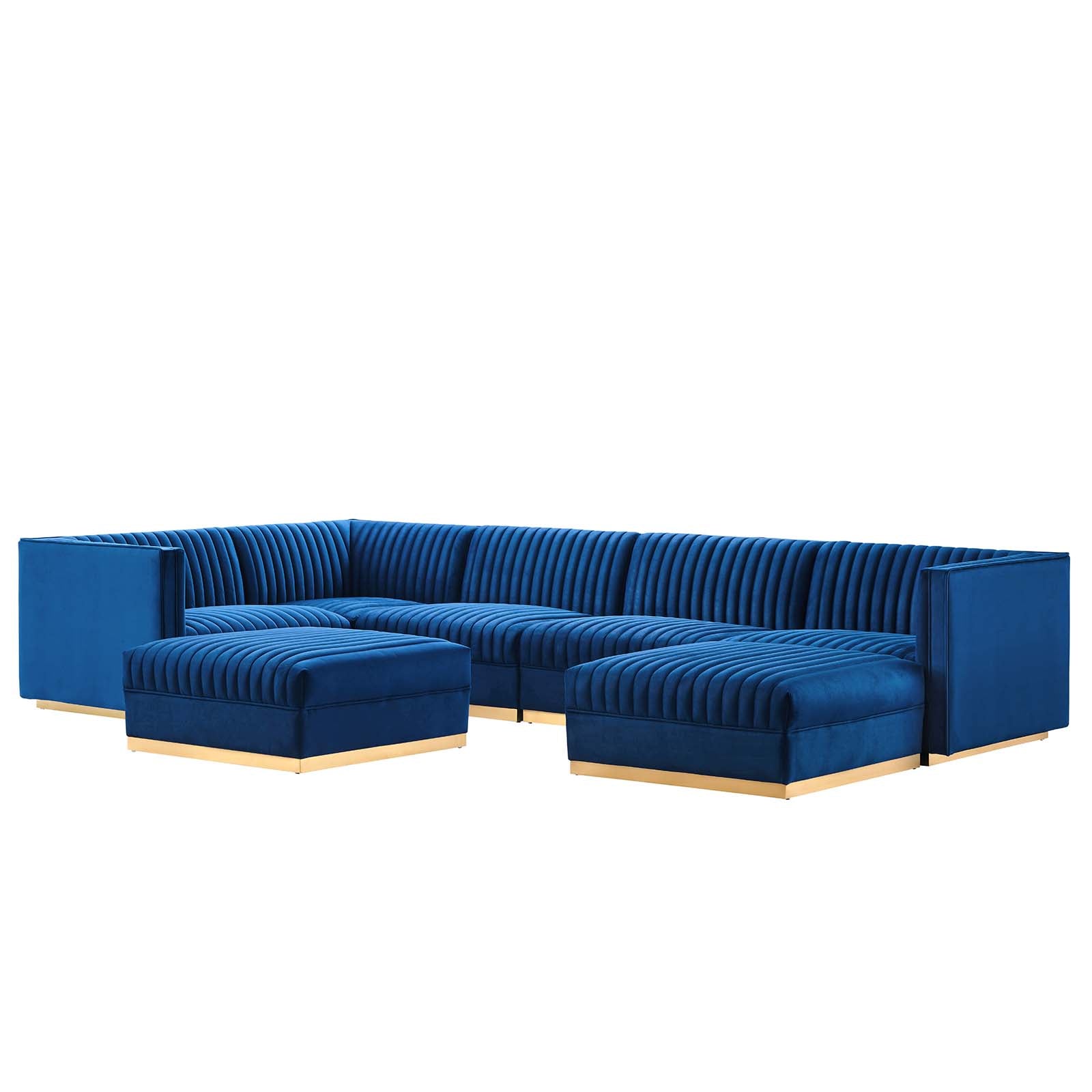 Modway Sectional Sofas - Sanguine Channel Tufted Performance Velvet 7-Piece Left-Facing Modular Sectional Sofa Navy