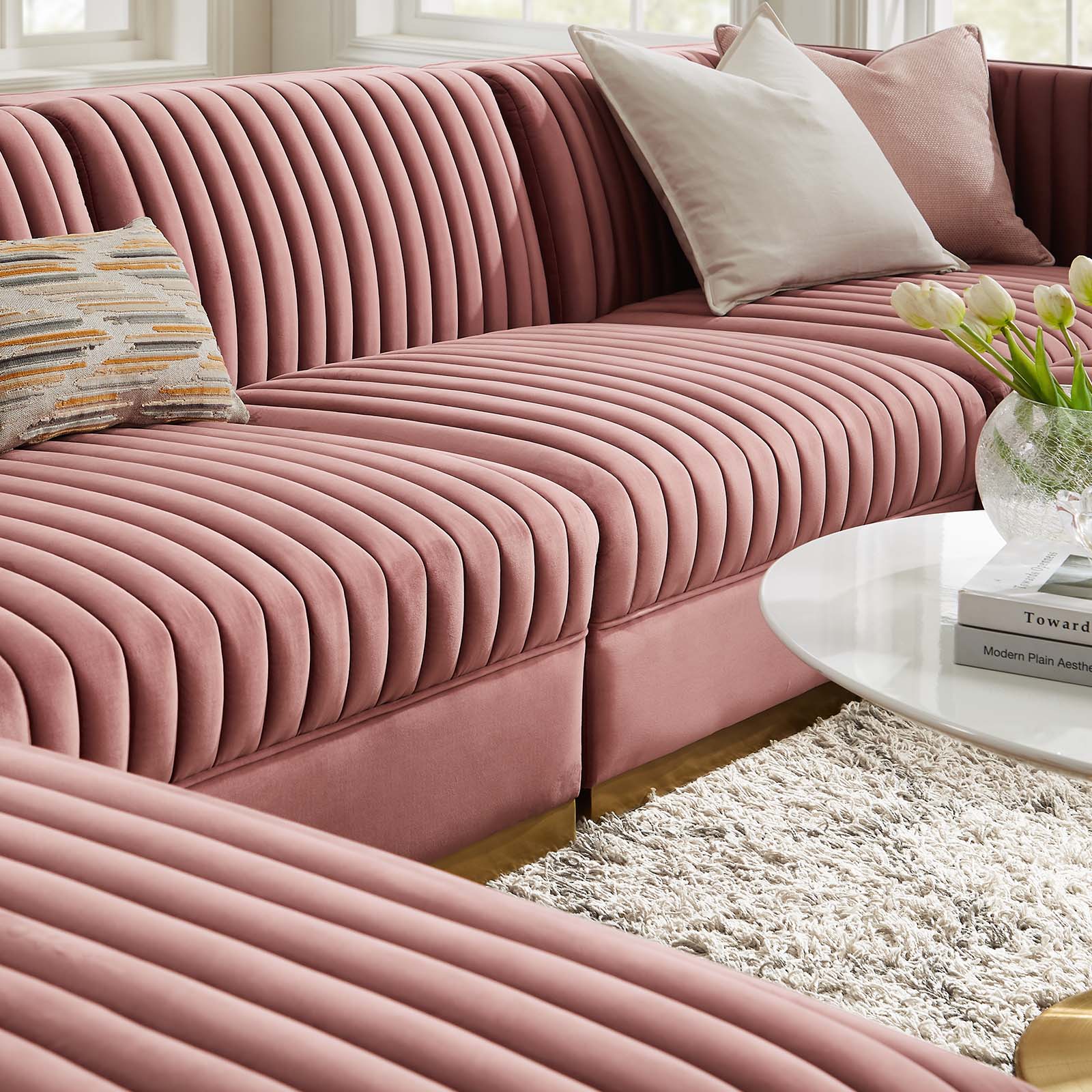 Modway Sectional Sofas - Sanguine Channel Tufted Performance Velvet 6 Piece Modular Sectional Sofa Dusty Rose