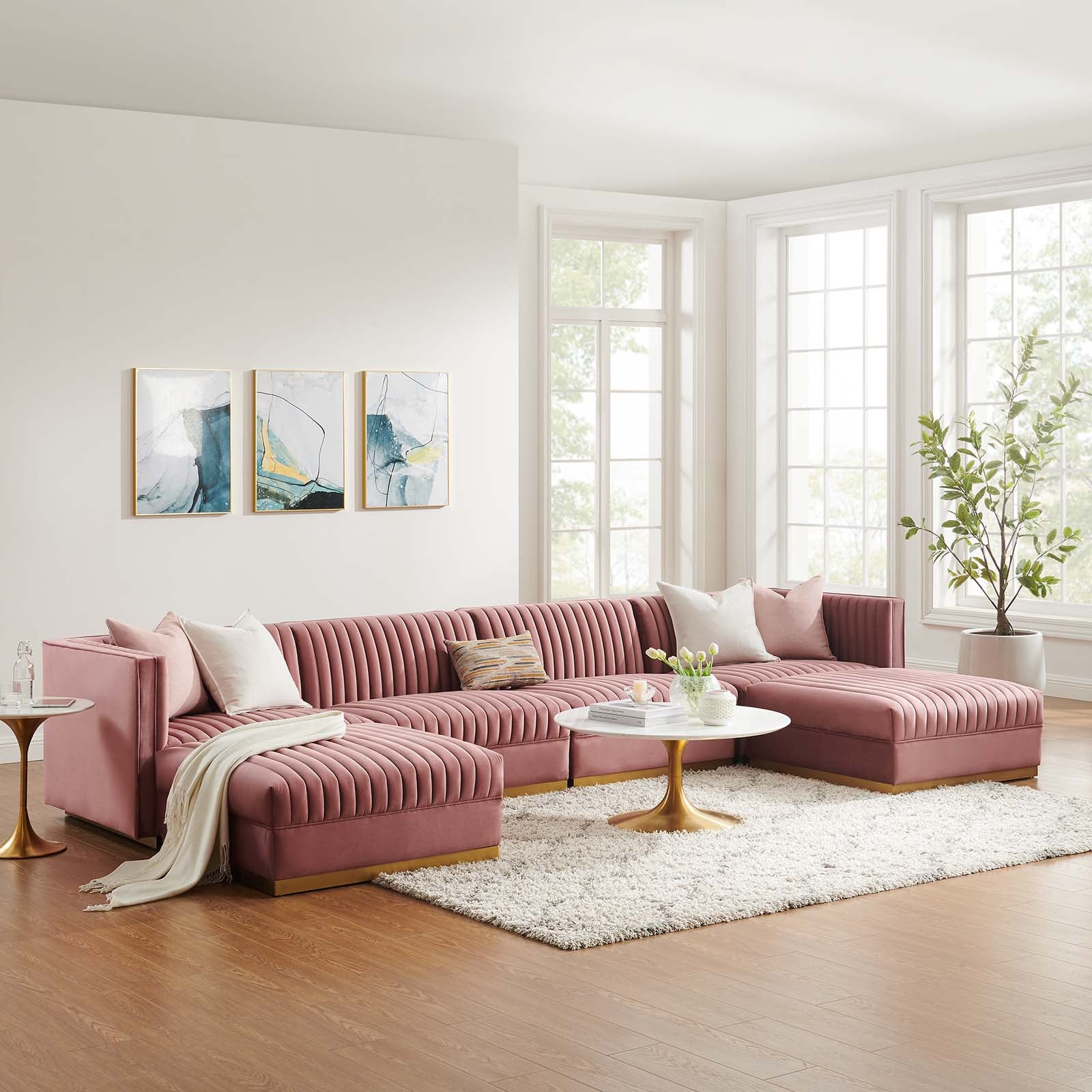 Modway Sectional Sofas - Sanguine Channel Tufted Performance Velvet 6 Piece Modular Sectional Sofa Dusty Rose