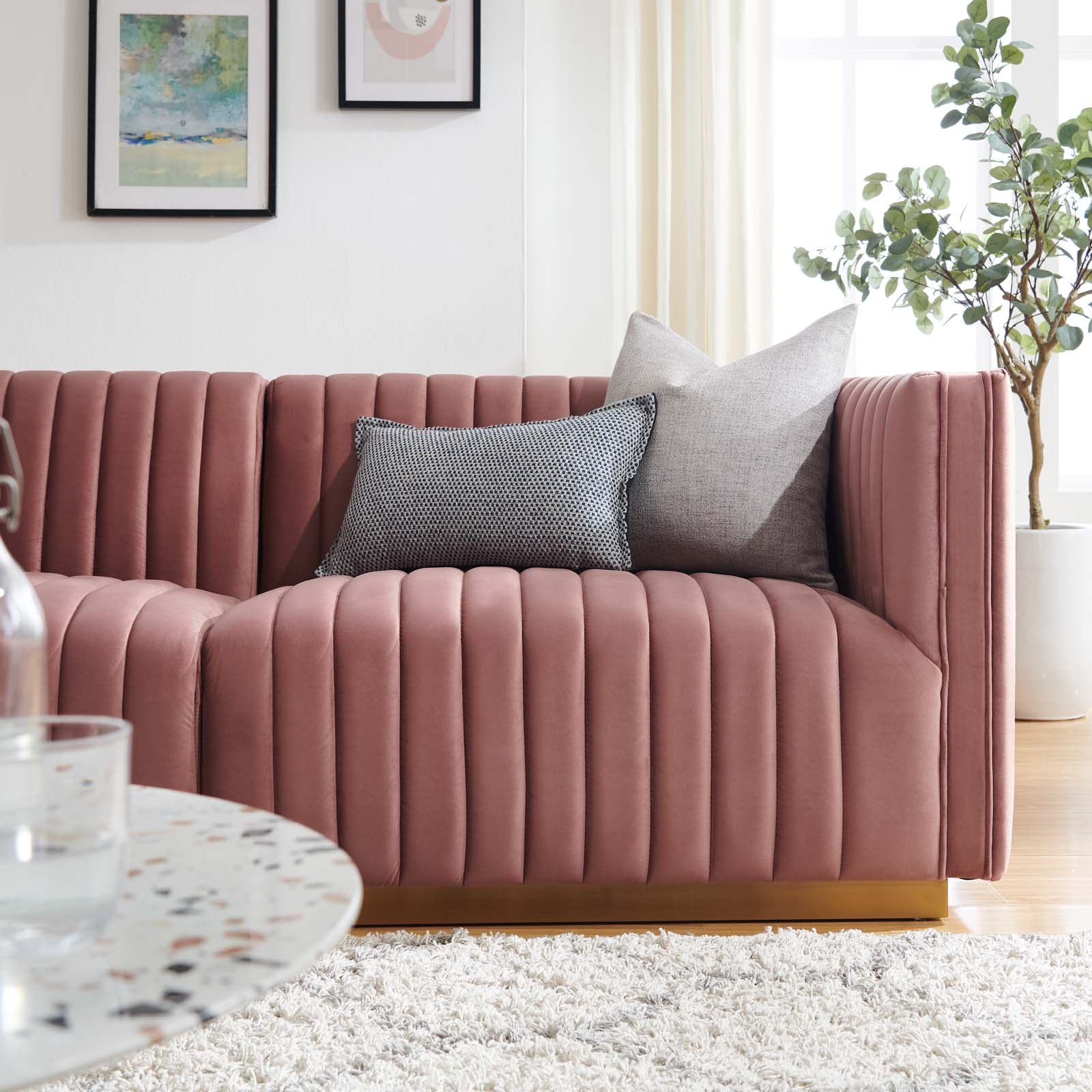 Modway Loveseats - Conjure Channel Tufted Performance Velvet Loveseat Gold | Dusty Rose