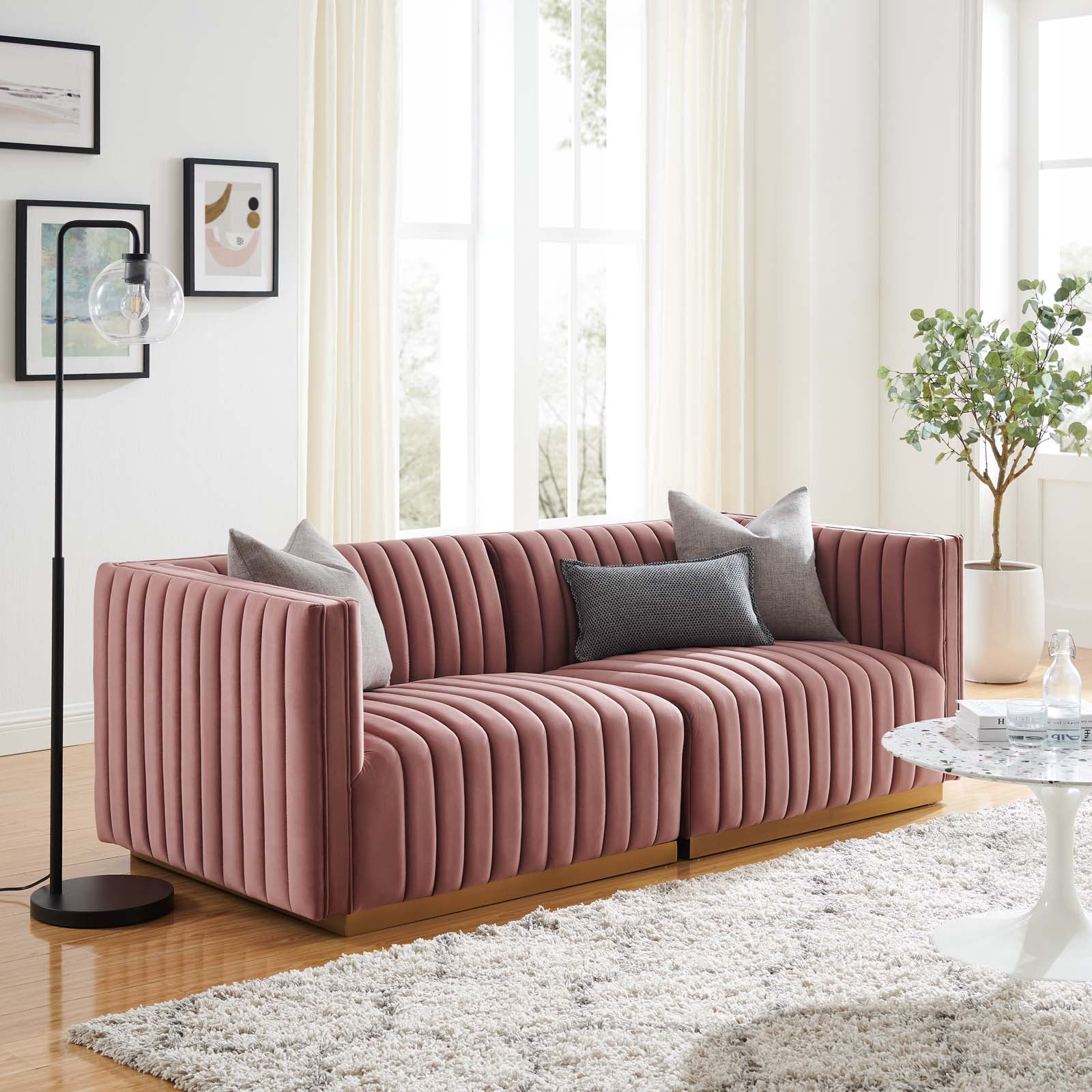 Modway Loveseats - Conjure Channel Tufted Performance Velvet Loveseat Gold | Dusty Rose