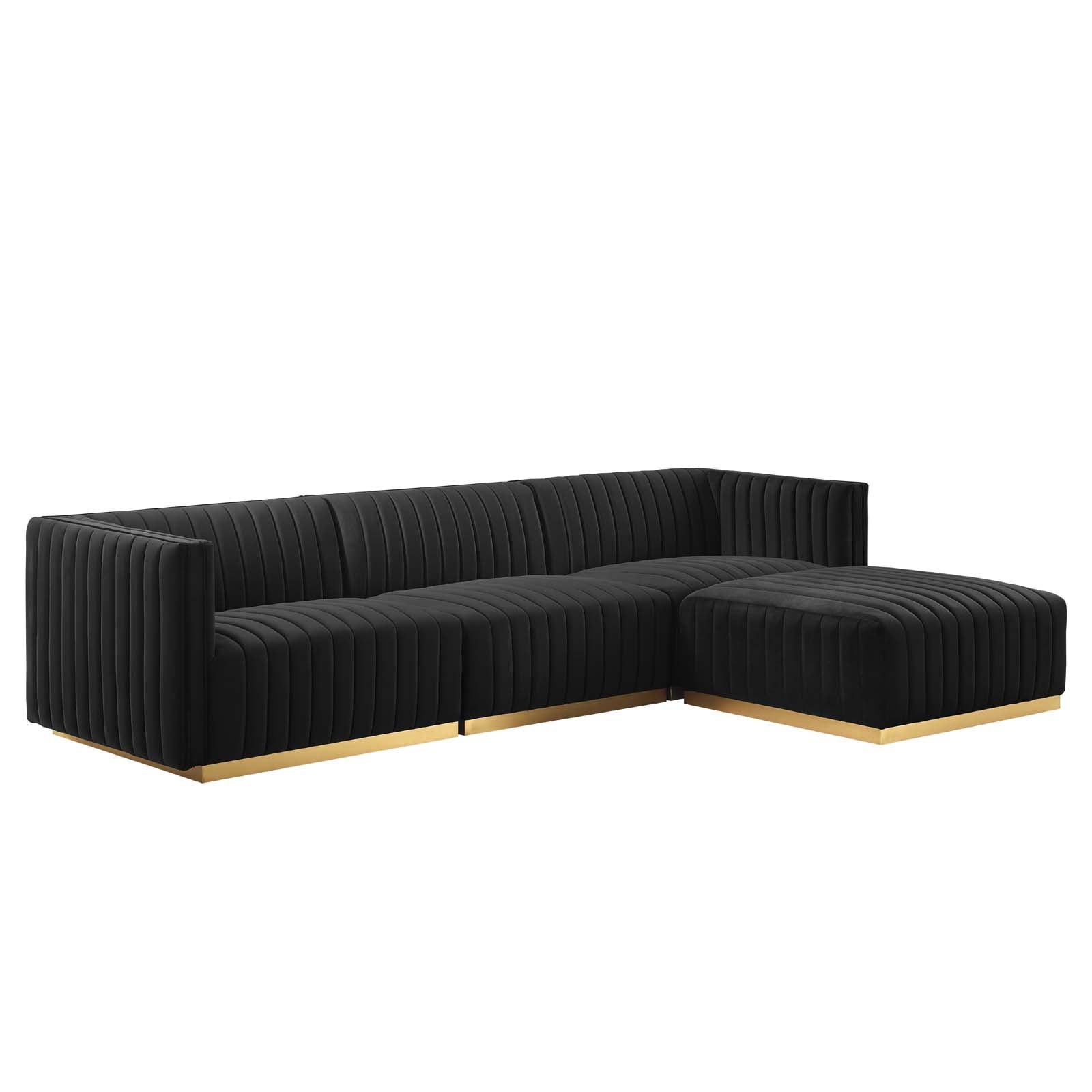 Modway Sectional Sofas - Conjure Channel Tufted Velvet 4 Piece Sectional Gold Black