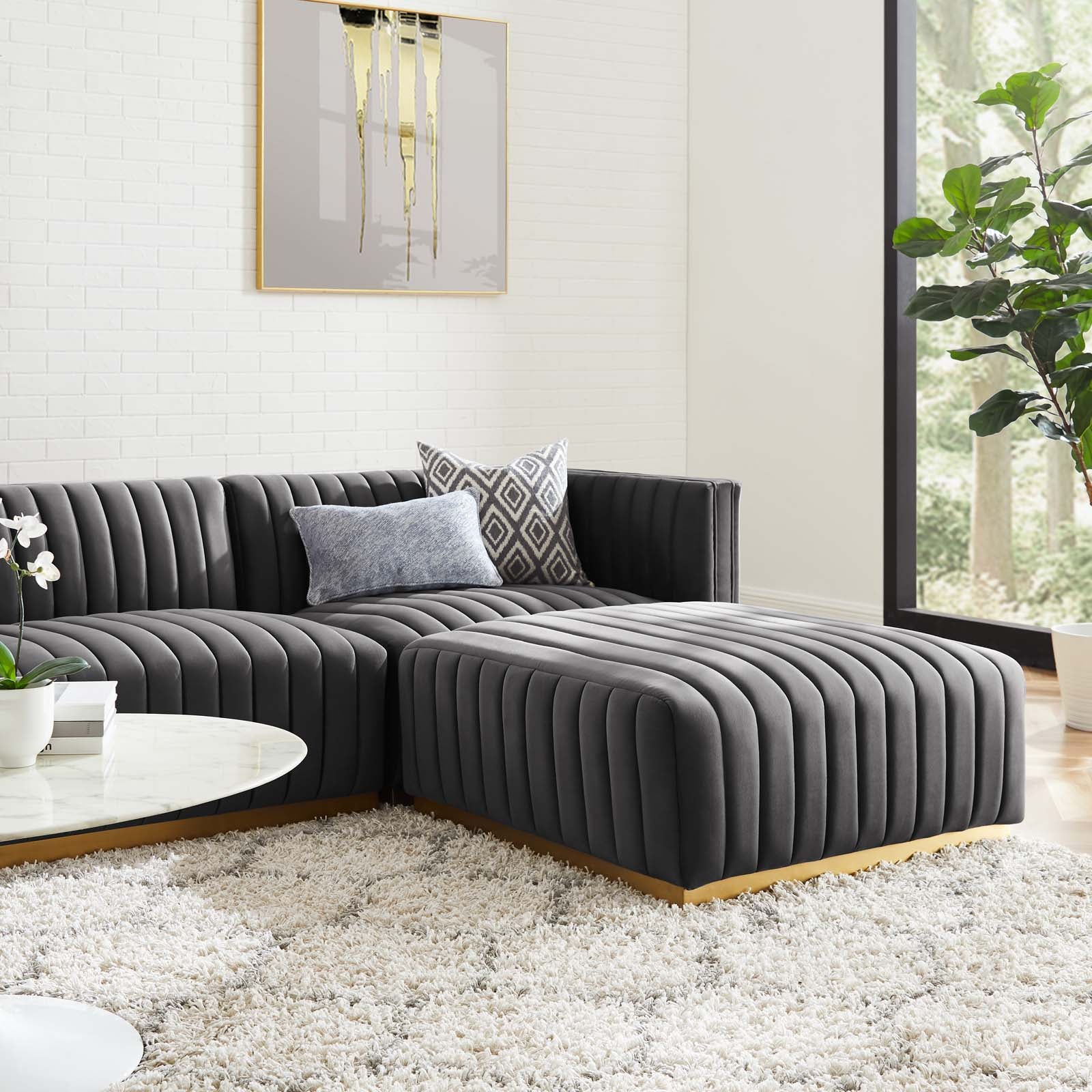 Modway Sectional Sofas - Conjure Tufted Performance Velvet 4 Piece Sectional Gray
