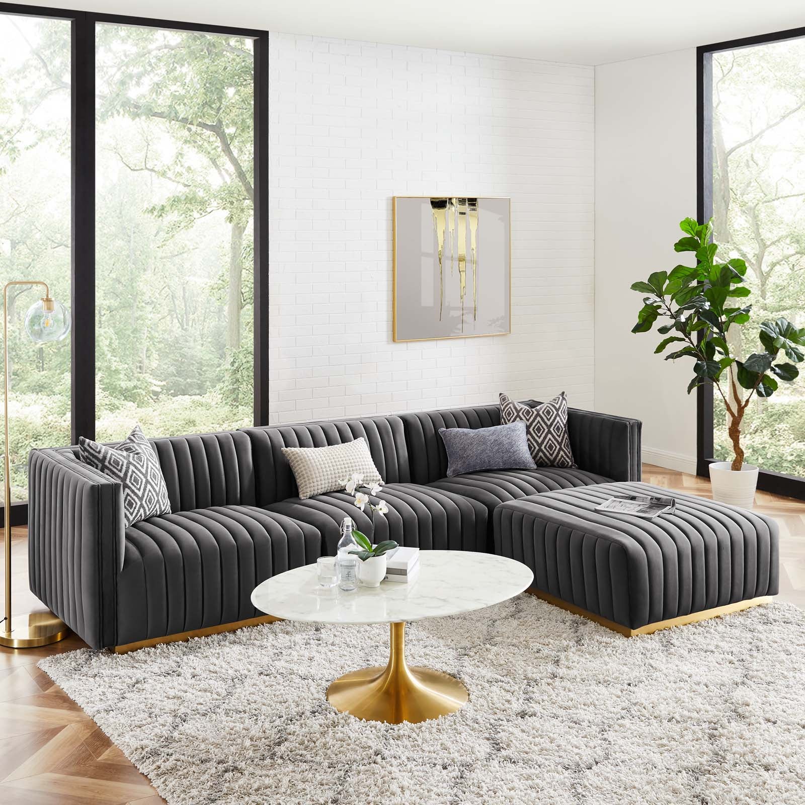 Modway Sectional Sofas - Conjure Tufted Performance Velvet 4 Piece Sectional Gray