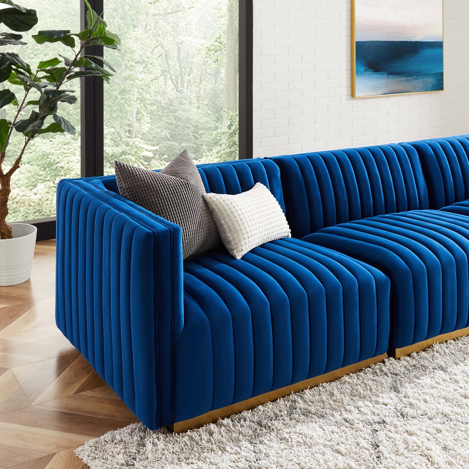 Modway Sectional Sofas - Conjure Tufted Performance Velvet 4 Piece Sectional Gold Navy