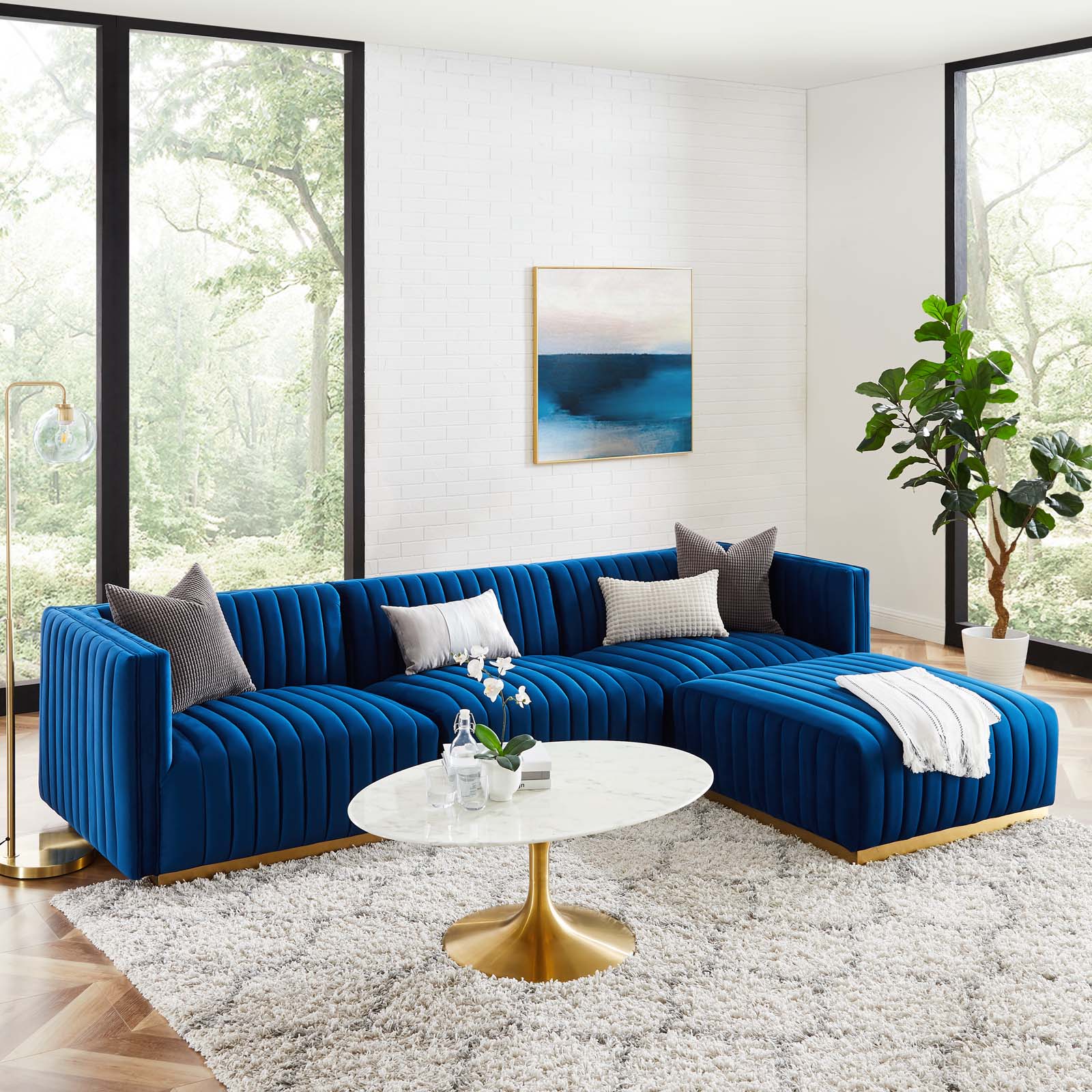 Modway Sectional Sofas - Conjure Tufted Performance Velvet 4 Piece Sectional Gold Navy