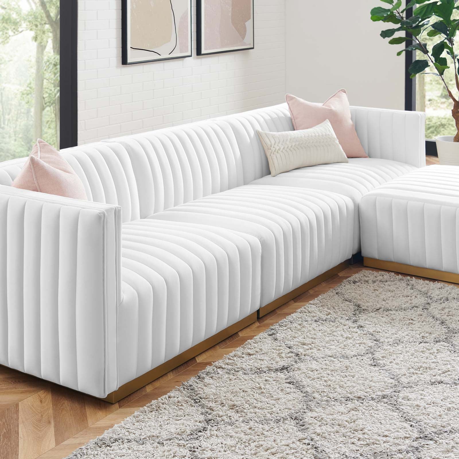 Modway Sectional Sofas - Conjure Tufted Performance Velvet 4 Piece Sectional Gold White