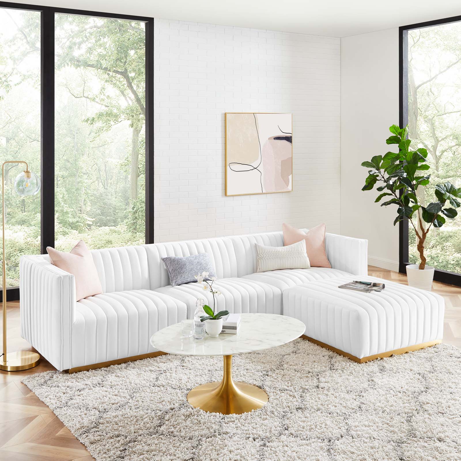 Modway Sectional Sofas - Conjure Tufted Performance Velvet 4 Piece Sectional Gold White