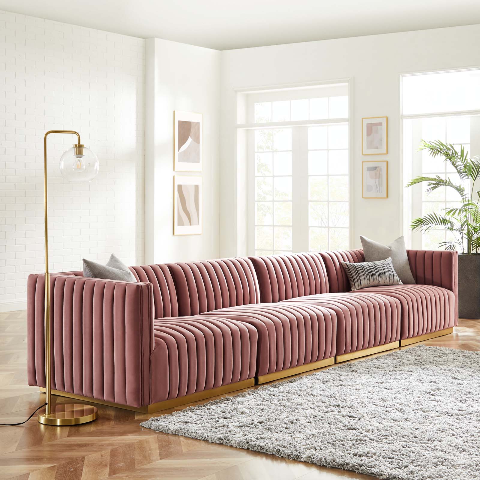 Modway Sofas & Couches - Conjure Channel Tufted Performance Velvet 4 Piece Sofa Gold | Dusty Rose