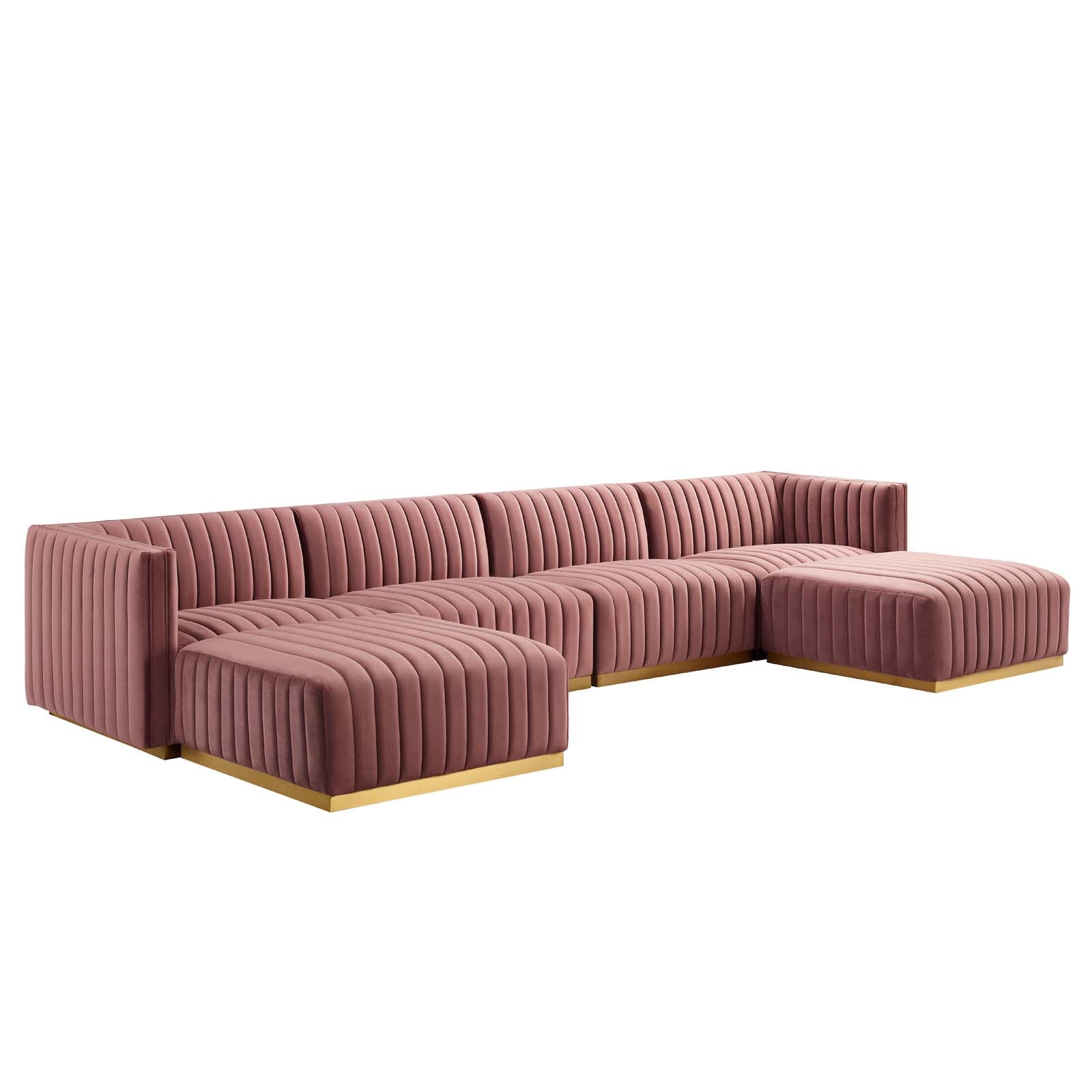 Modway Sectional Sofas - Conjure Channel Tufted Performance Velvet 6 Piece Sectional Gold | Dusty Rose