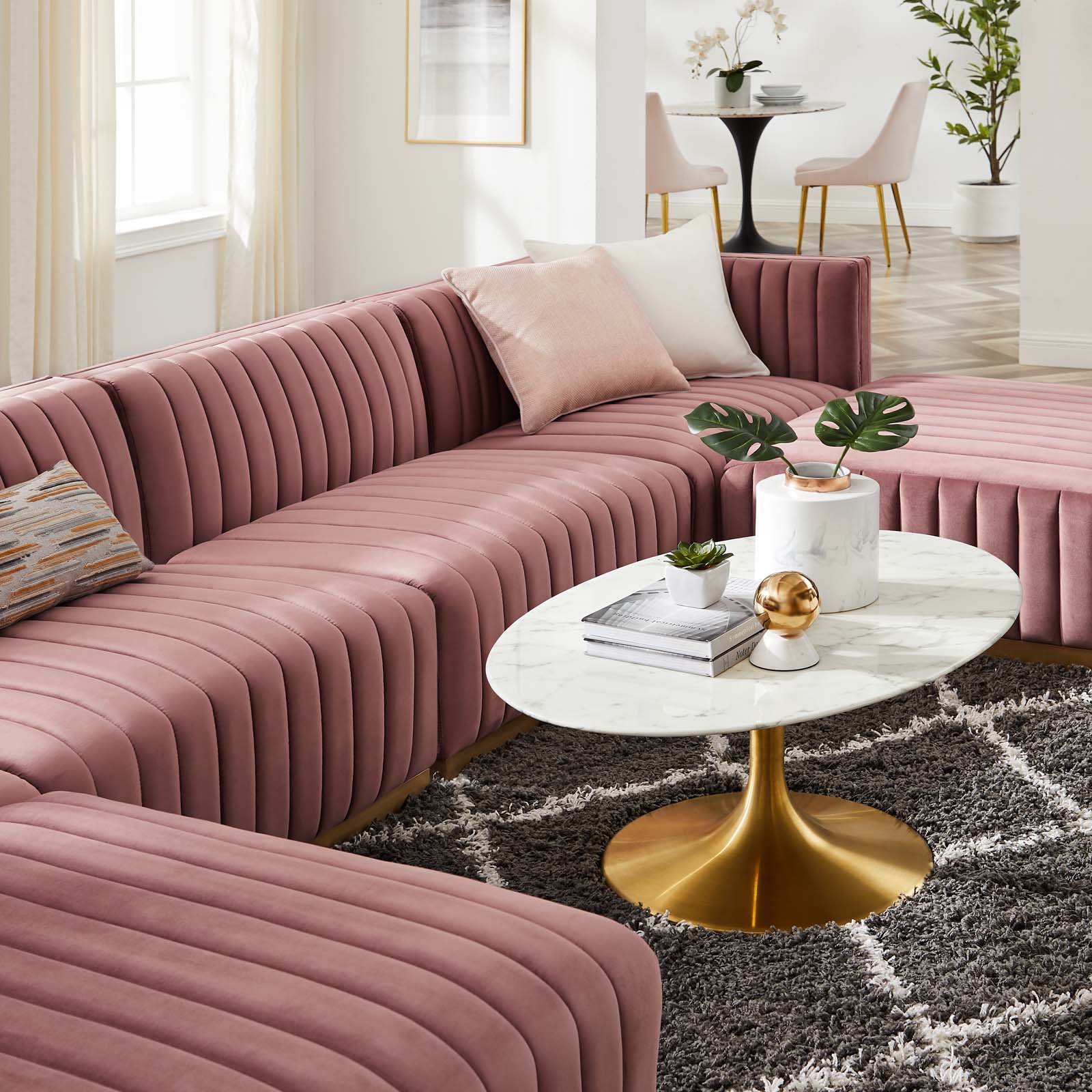 Modway Sectional Sofas - Conjure Channel Tufted Performance Velvet 6 Piece Sectional Gold | Dusty Rose