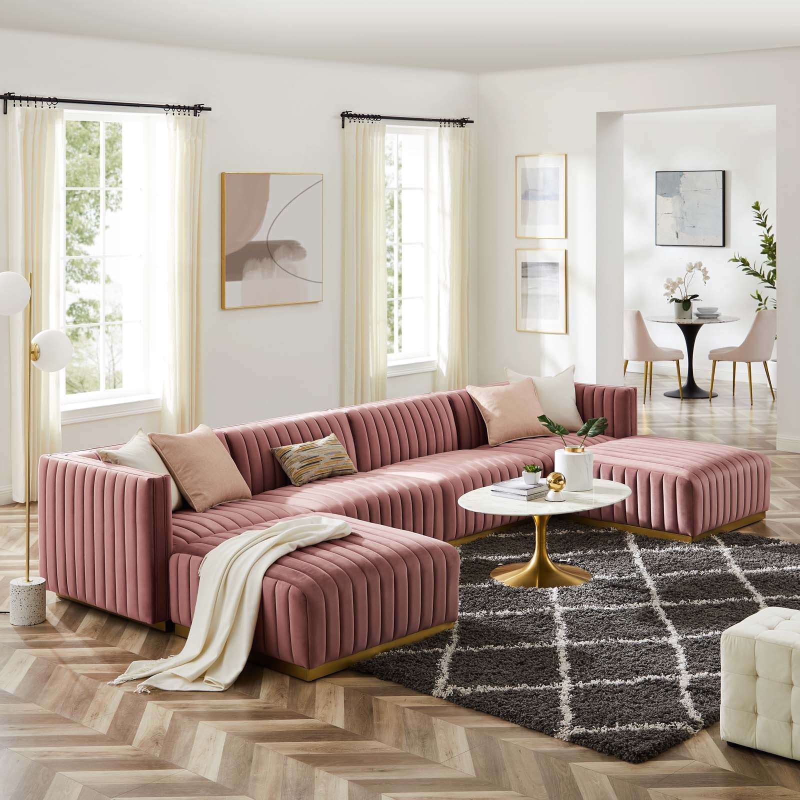 Modway Sectional Sofas - Conjure Channel Tufted Performance Velvet 6 Piece Sectional Gold | Dusty Rose