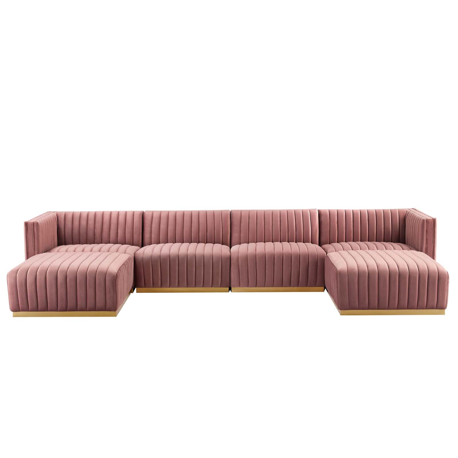 Modway Sectional Sofas - Conjure Channel Tufted Performance Velvet 6 Piece Sectional Gold | Dusty Rose