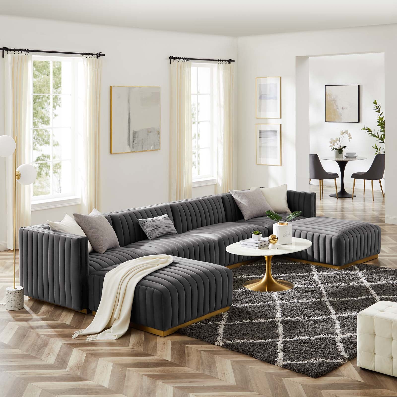 Conjure Channel Tufted Performance Velvet 6 Piece Sectional Sofa Gold Gray