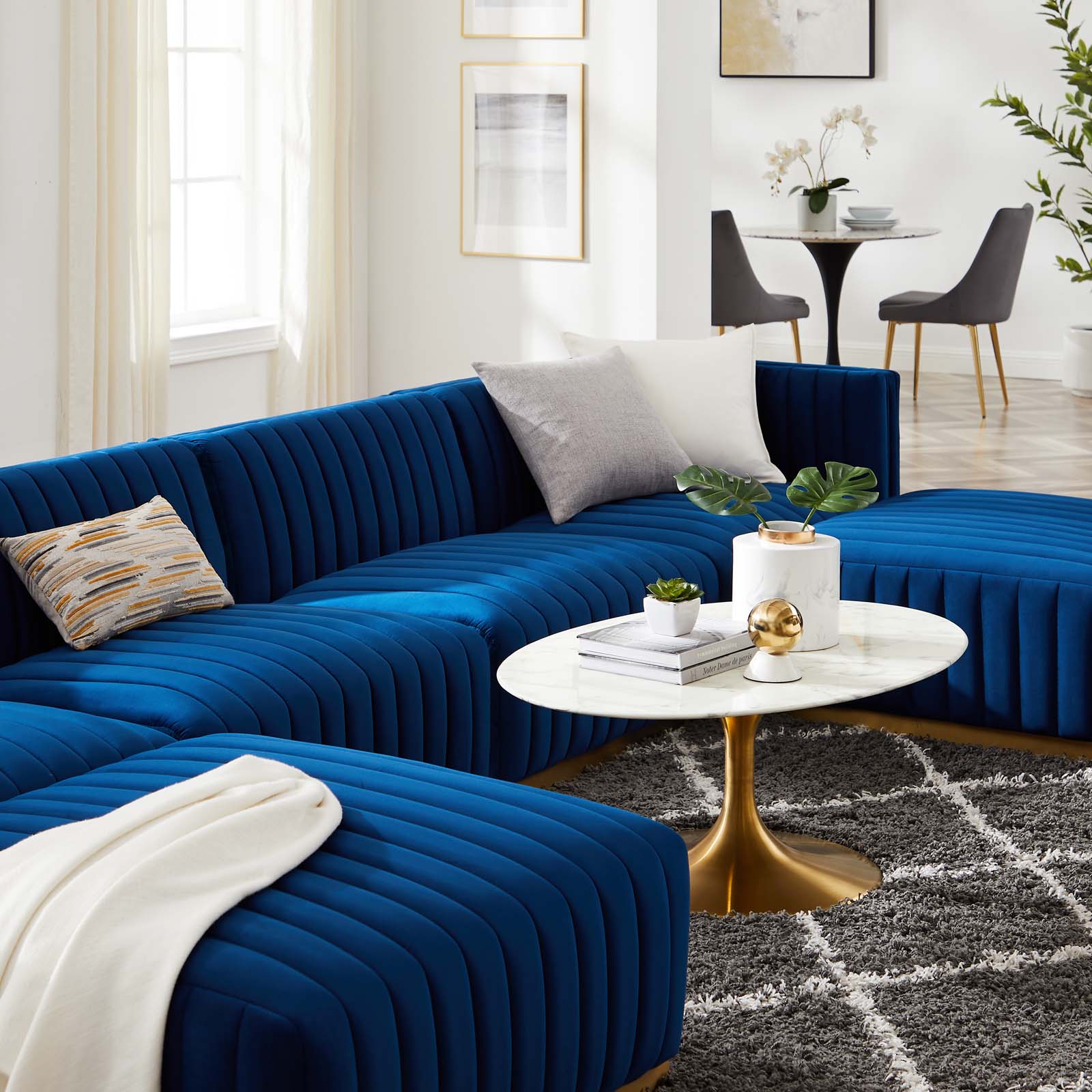 Modway Sectional Sofas - Conjure Channel Tufted Performance Velvet 6 Piece Sectional Gold Navy