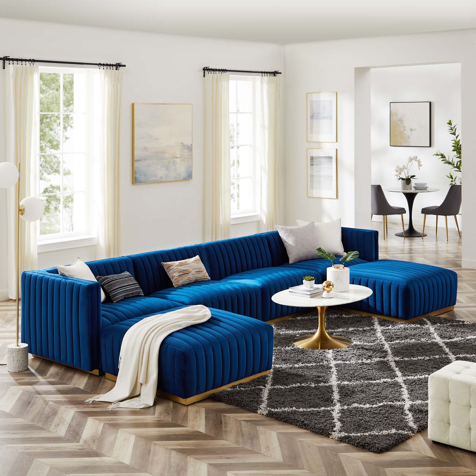 Modway Sectional Sofas - Conjure Channel Tufted Performance Velvet 6 Piece Sectional Gold Navy