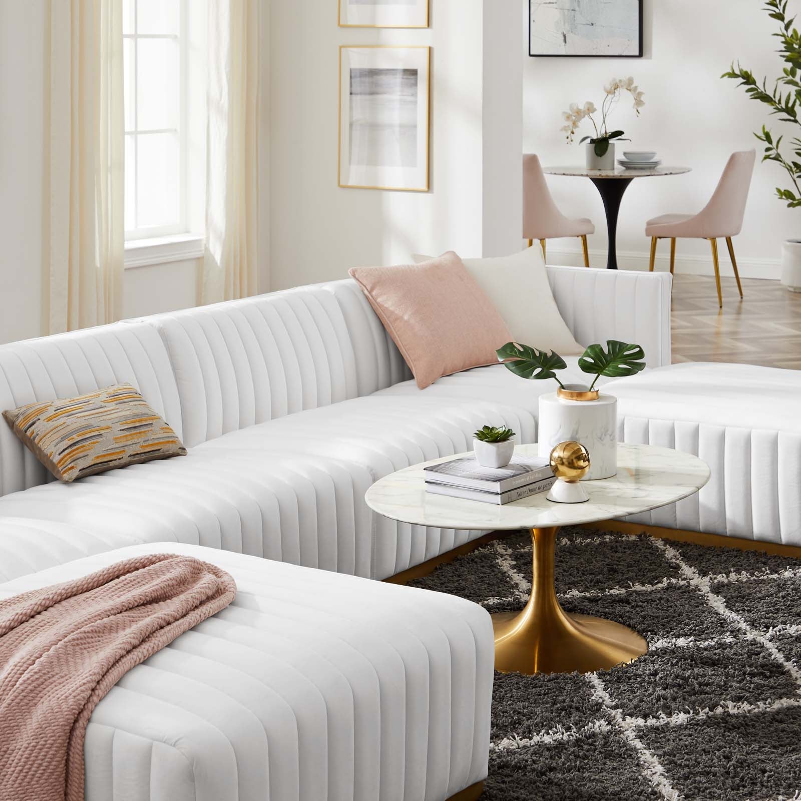 Modway Sectional Sofas - Conjure Channel Tufted Performance Velvet 6 Piece Sectional Gold White