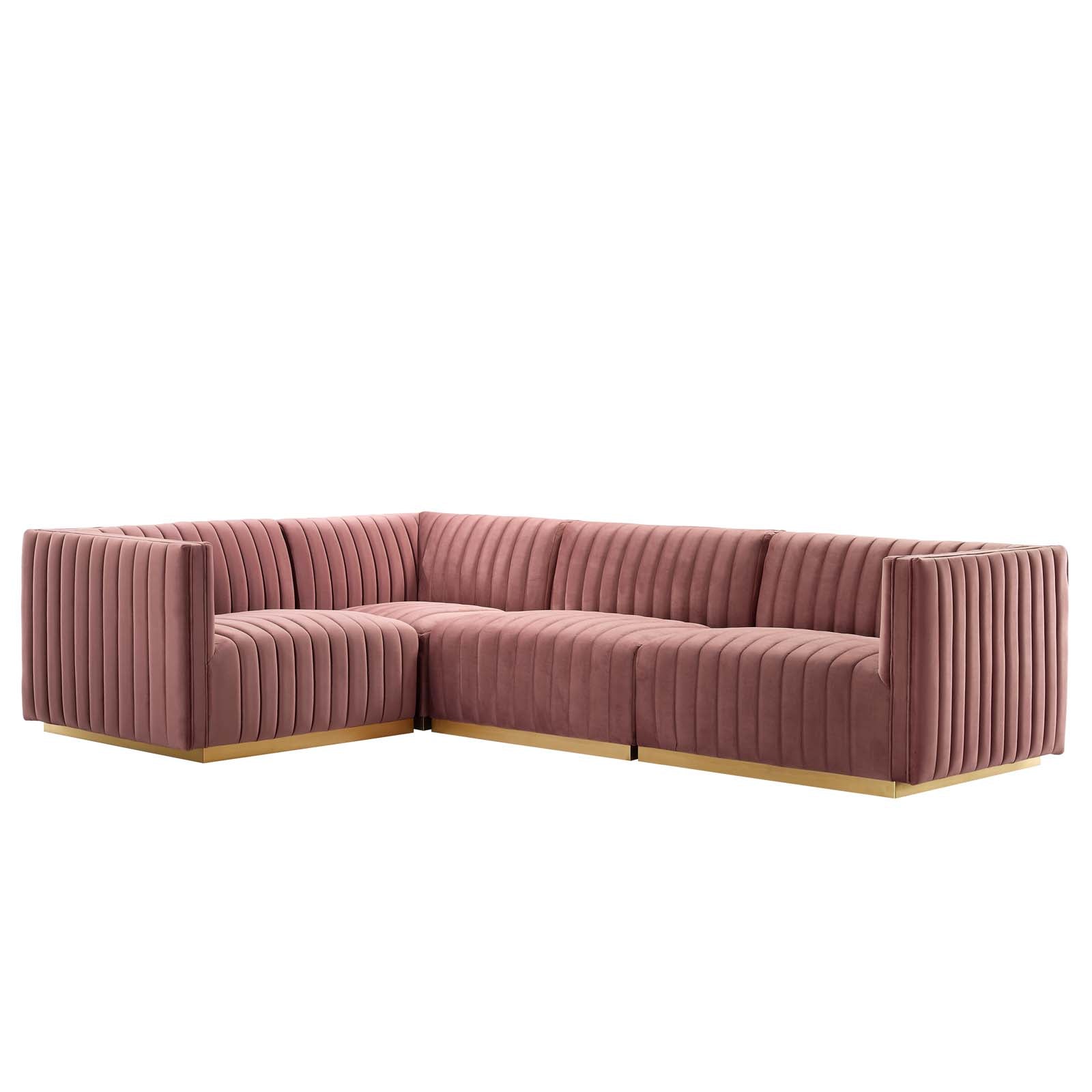 Modway Sectional Sofas - Conjure Tufted Performance Velvet 4 Piece Sectional Gold | Dusty Rose