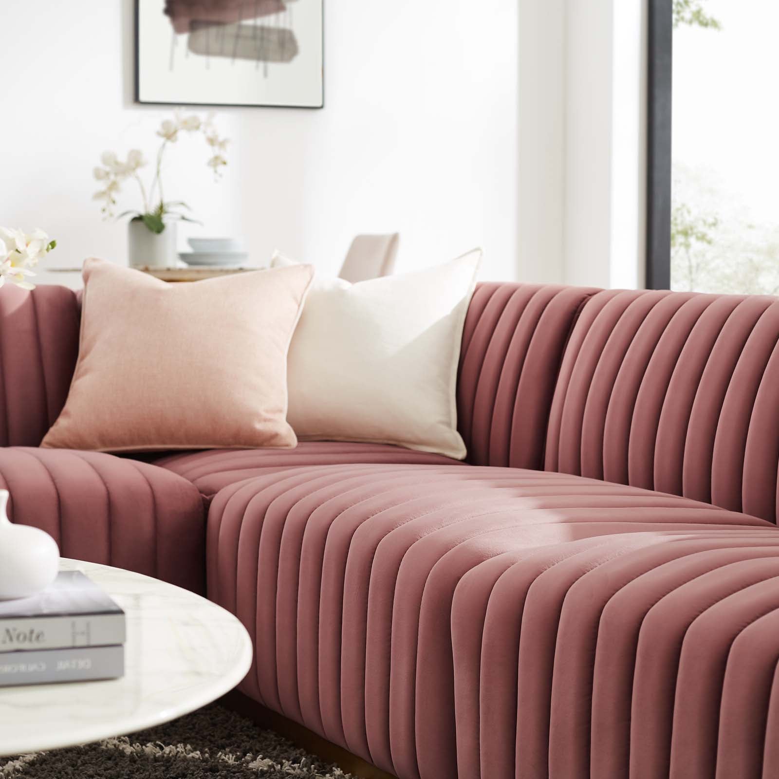 Modway Sectional Sofas - Conjure Tufted Performance Velvet 4 Piece Sectional Gold | Dusty Rose