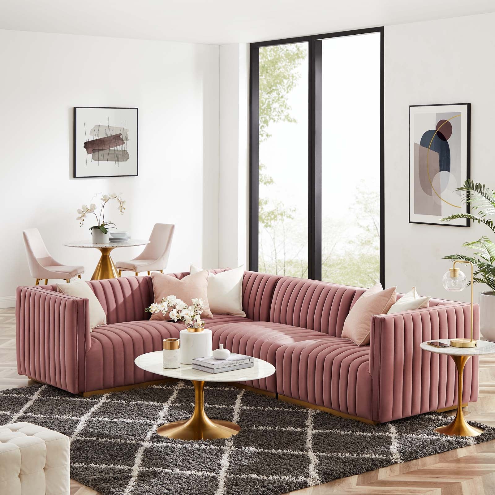 Modway Sectional Sofas - Conjure Tufted Performance Velvet 4 Piece Sectional Gold | Dusty Rose
