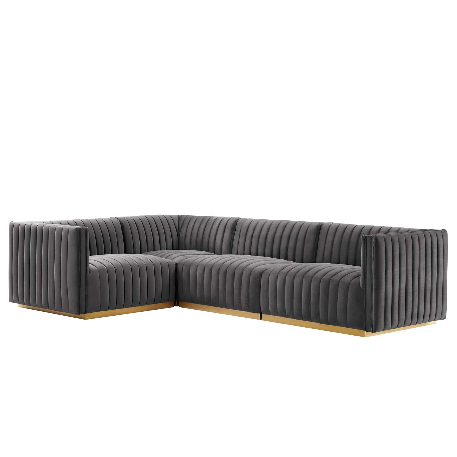 Modway Sectional Sofas - Conjure Tufted Performance Velvet 4 Piece Sectional Gold Gray