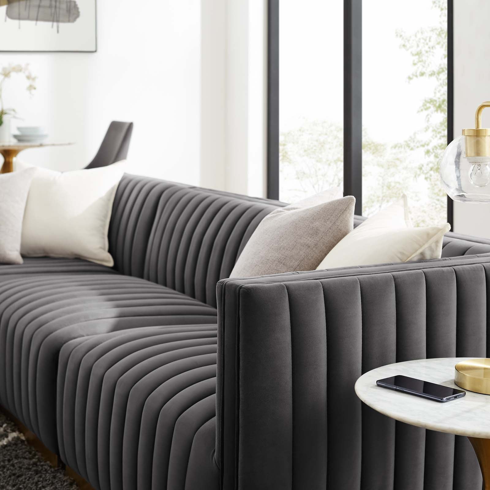 Modway Sectional Sofas - Conjure Tufted Performance Velvet 4 Piece Sectional Gold Gray