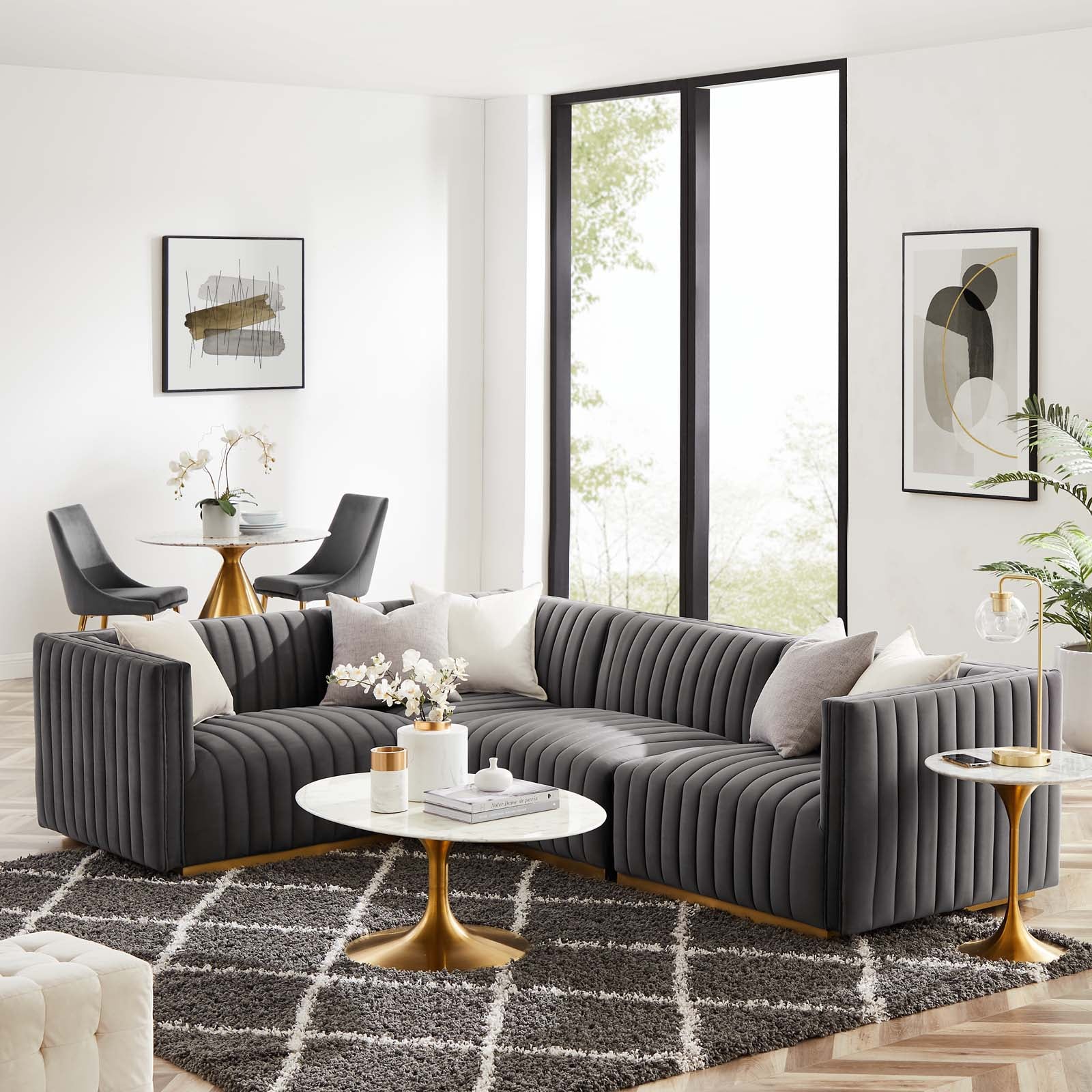 Modway Sectional Sofas - Conjure Tufted Performance Velvet 4 Piece Sectional Gold Gray