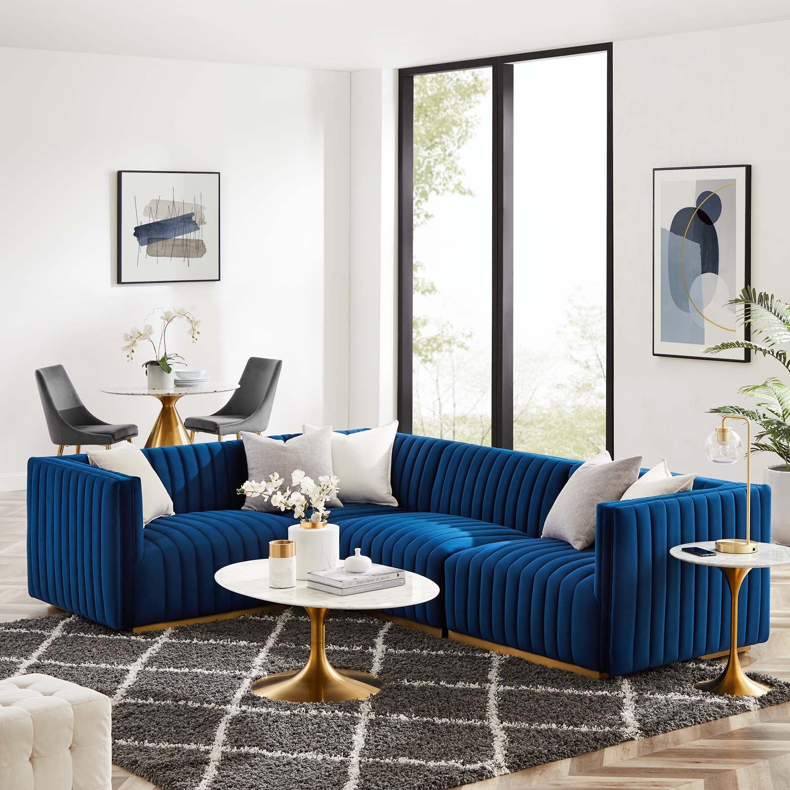 Modway Sectional Sofas - Conjure Channel Tufted Performance Velvet 4 Piece Sectional Sofa Gold Navy