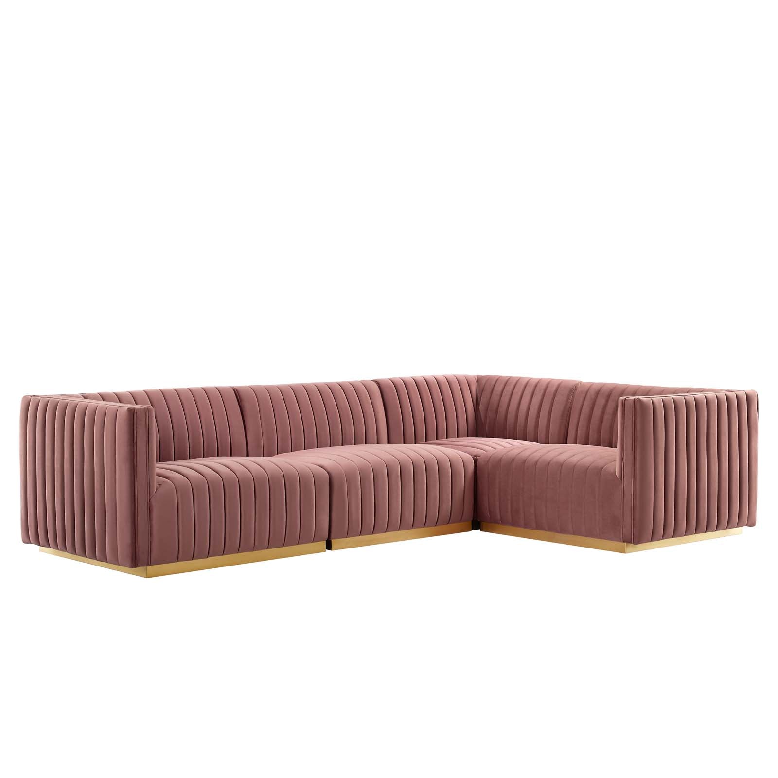 Modway Sectional Sofas - Conjure Channel Tufted Performance Velvet 4 Piece Sectional Gold | Dusty Rose