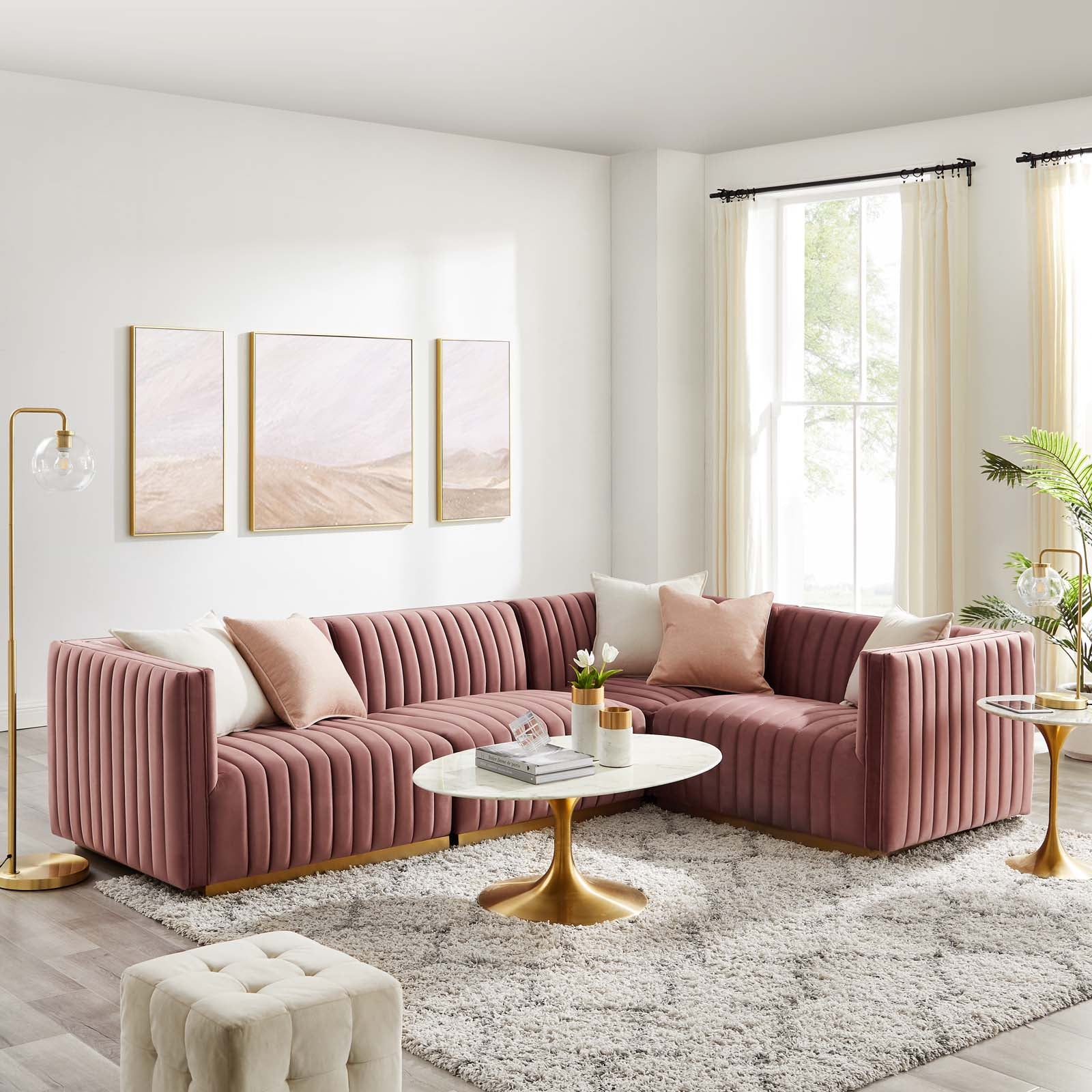 Modway Sectional Sofas - Conjure Channel Tufted Performance Velvet 4 Piece Sectional Gold | Dusty Rose