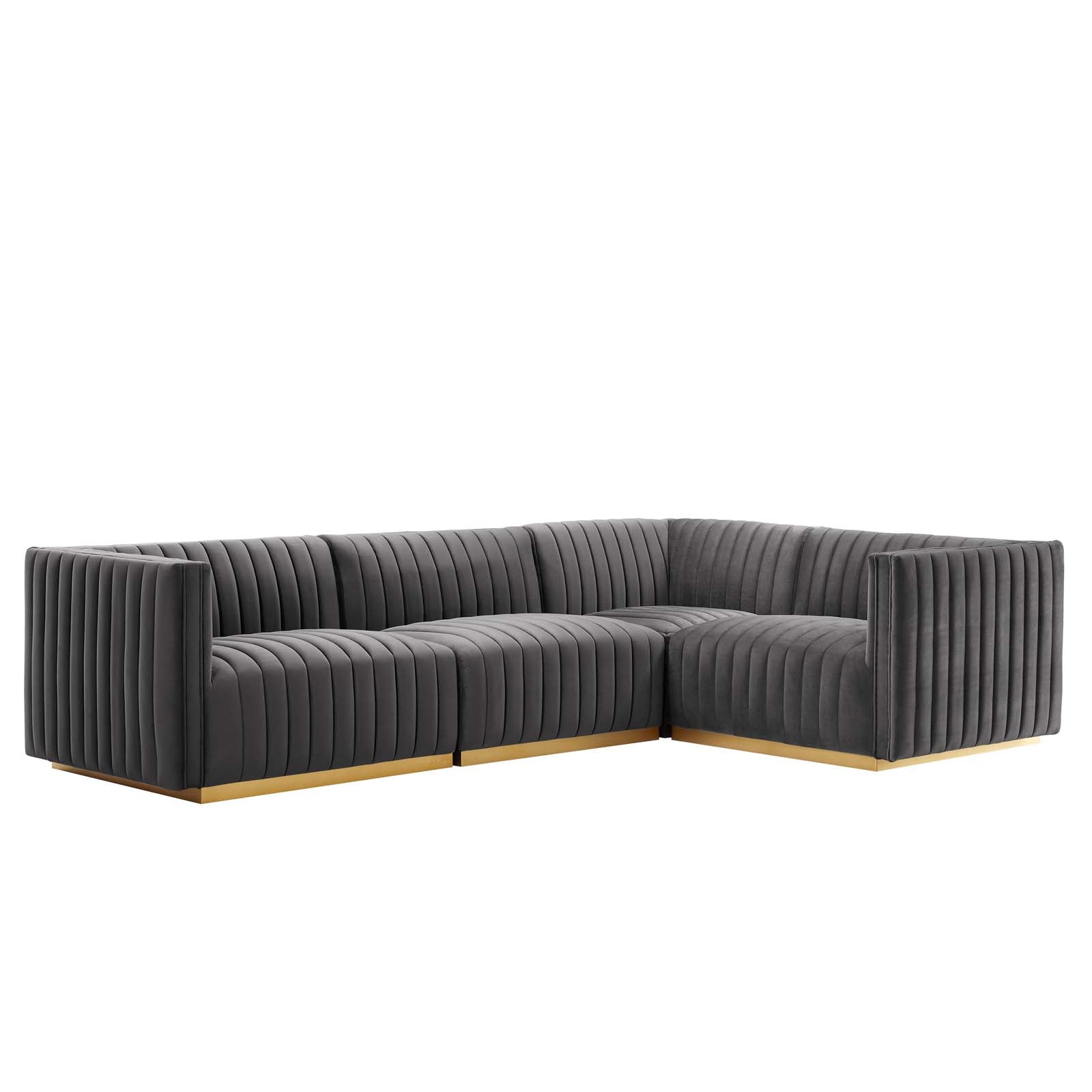 Modway Sectional Sofas - Conjure Channel Tufted Performance Velvet 4 Piece Sectional Gold Gray