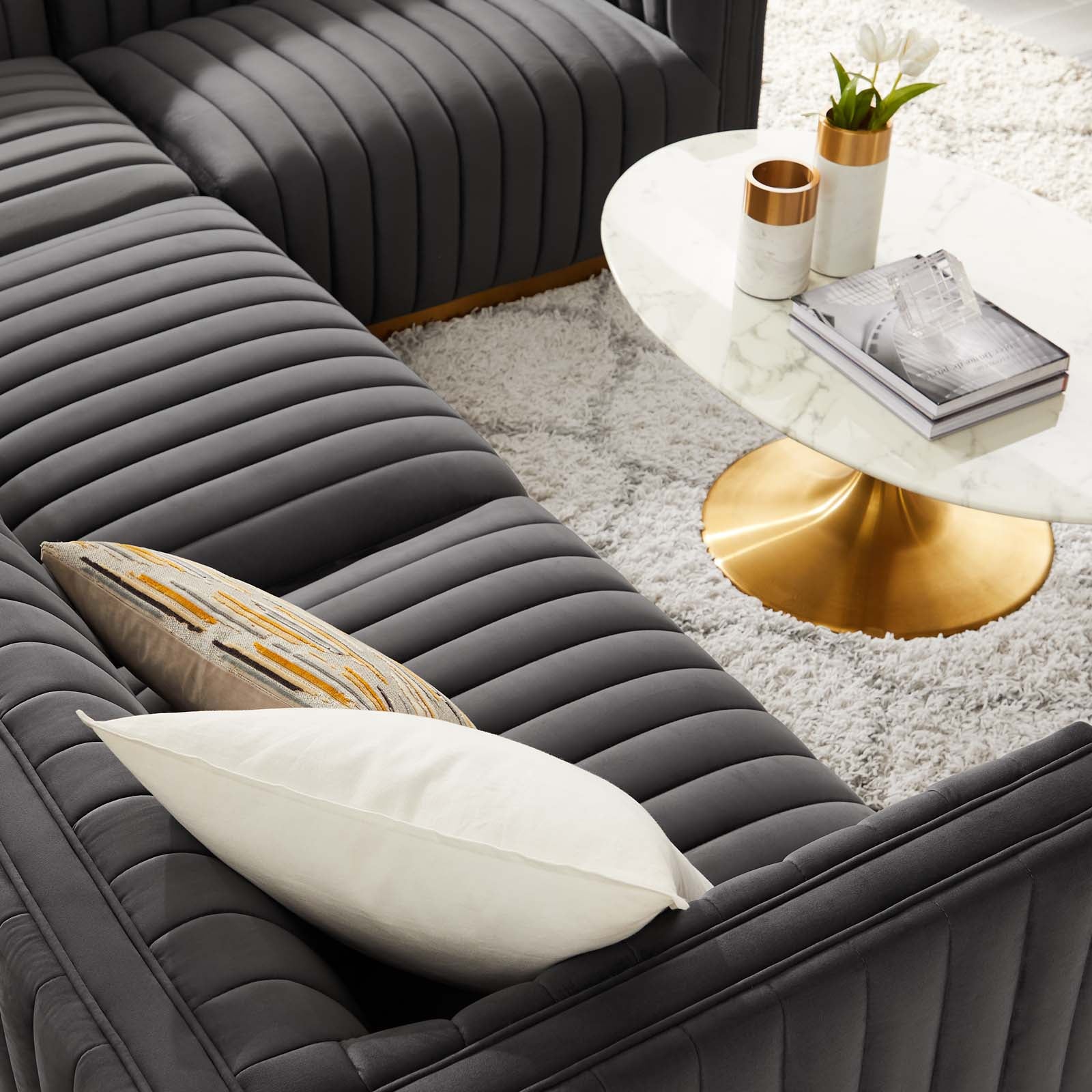 Modway Sectional Sofas - Conjure Channel Tufted Performance Velvet 4 Piece Sectional Gold Gray