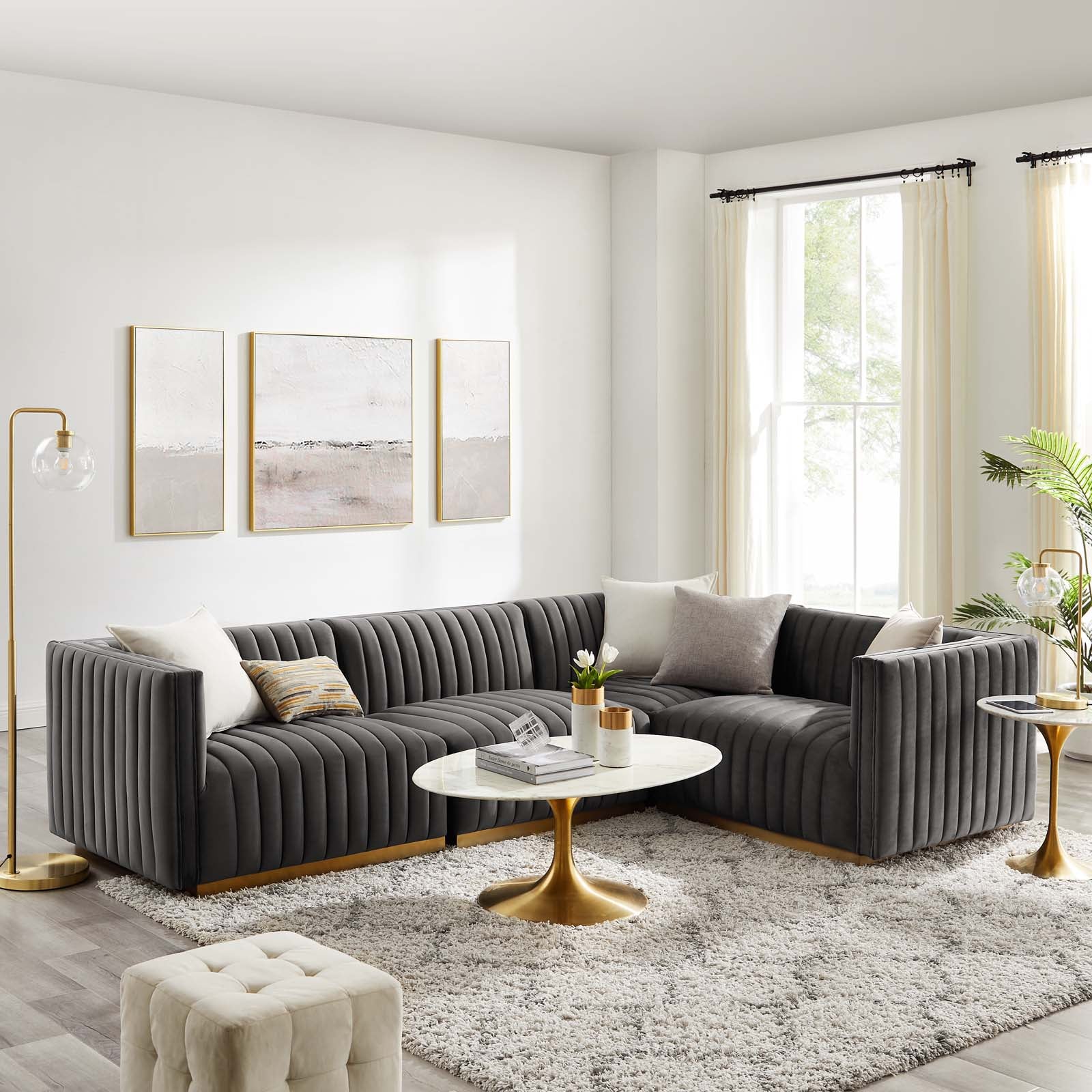 Modway Sectional Sofas - Conjure Channel Tufted Performance Velvet 4 Piece Sectional Gold Gray