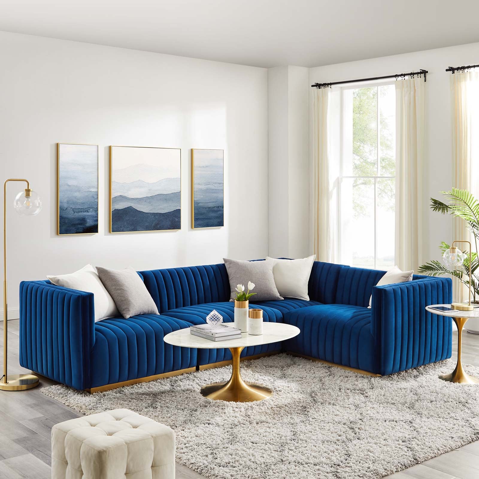 Modway Sectional Sofas - Conjure Channel Tufted Performance Velvet 4 Piece Sectional Gold Navy