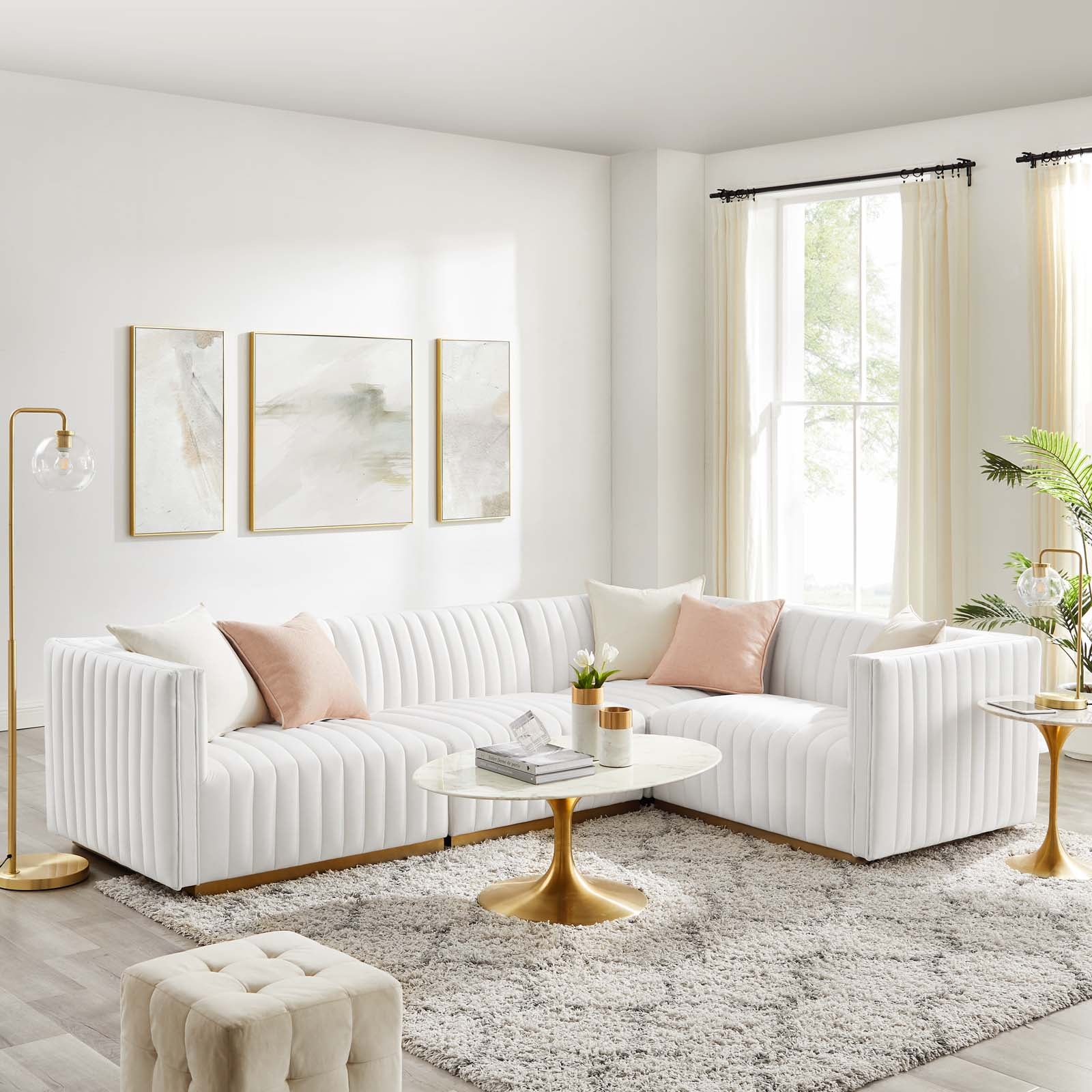 Modway Sectional Sofas - Conjure Channel Tufted Performance Velvet 4 Piece Sectional Gold White