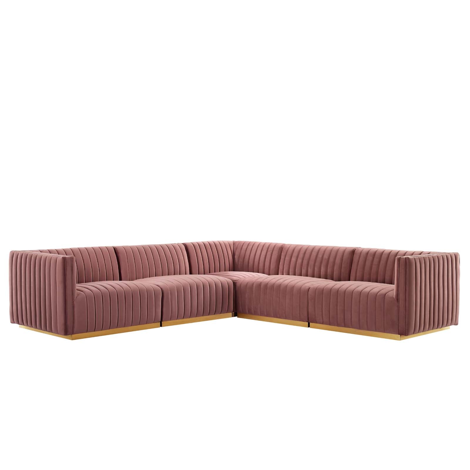 Modway Sectional Sofas - Conjure Channel Tufted Performance Velvet 5 Piece Sectional Sofa Gold | Dusty Rose