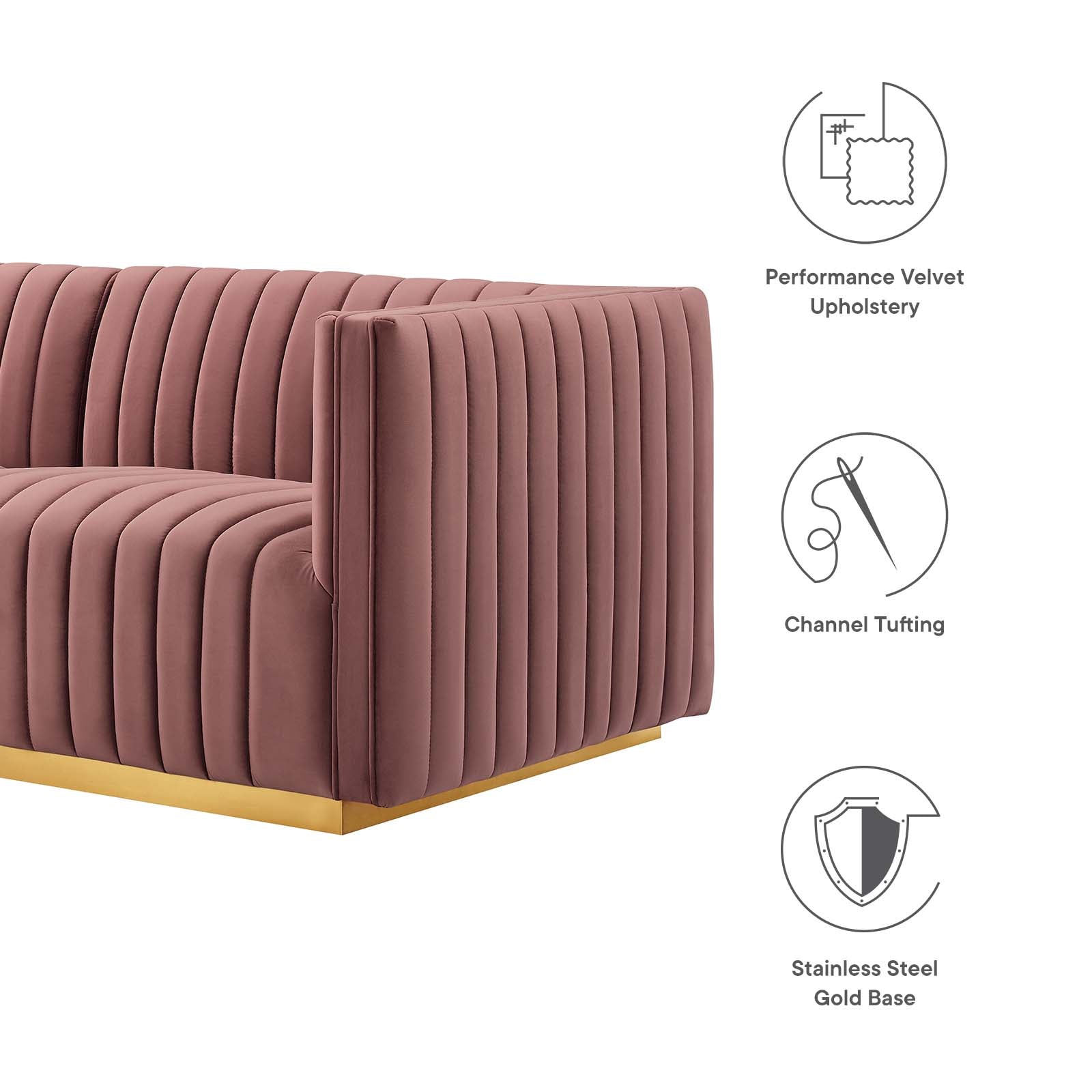 Modway Sectional Sofas - Conjure Channel Tufted Performance Velvet 5 Piece Sectional Sofa Gold | Dusty Rose