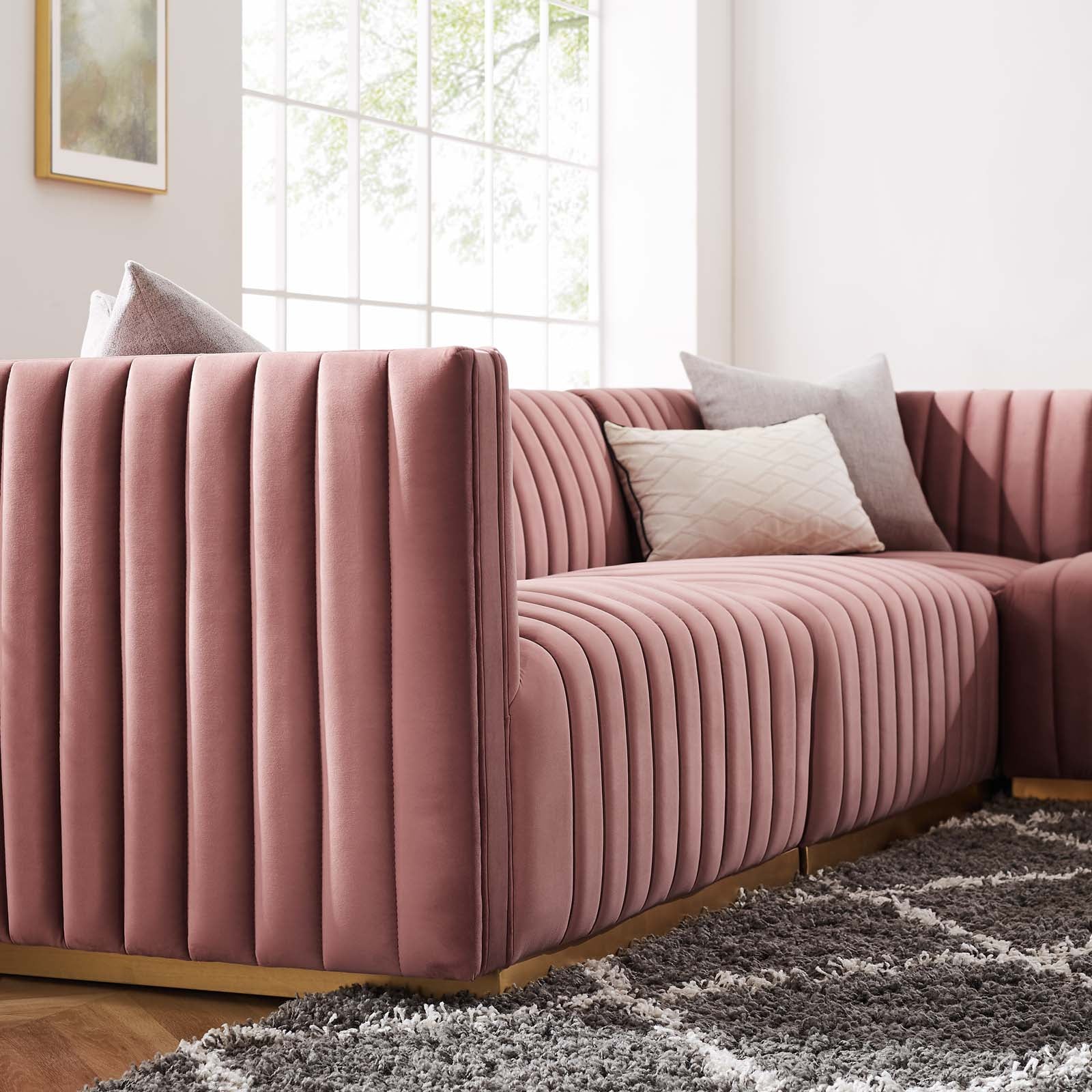 Modway Sectional Sofas - Conjure Channel Tufted Performance Velvet 5 Piece Sectional Sofa Gold | Dusty Rose