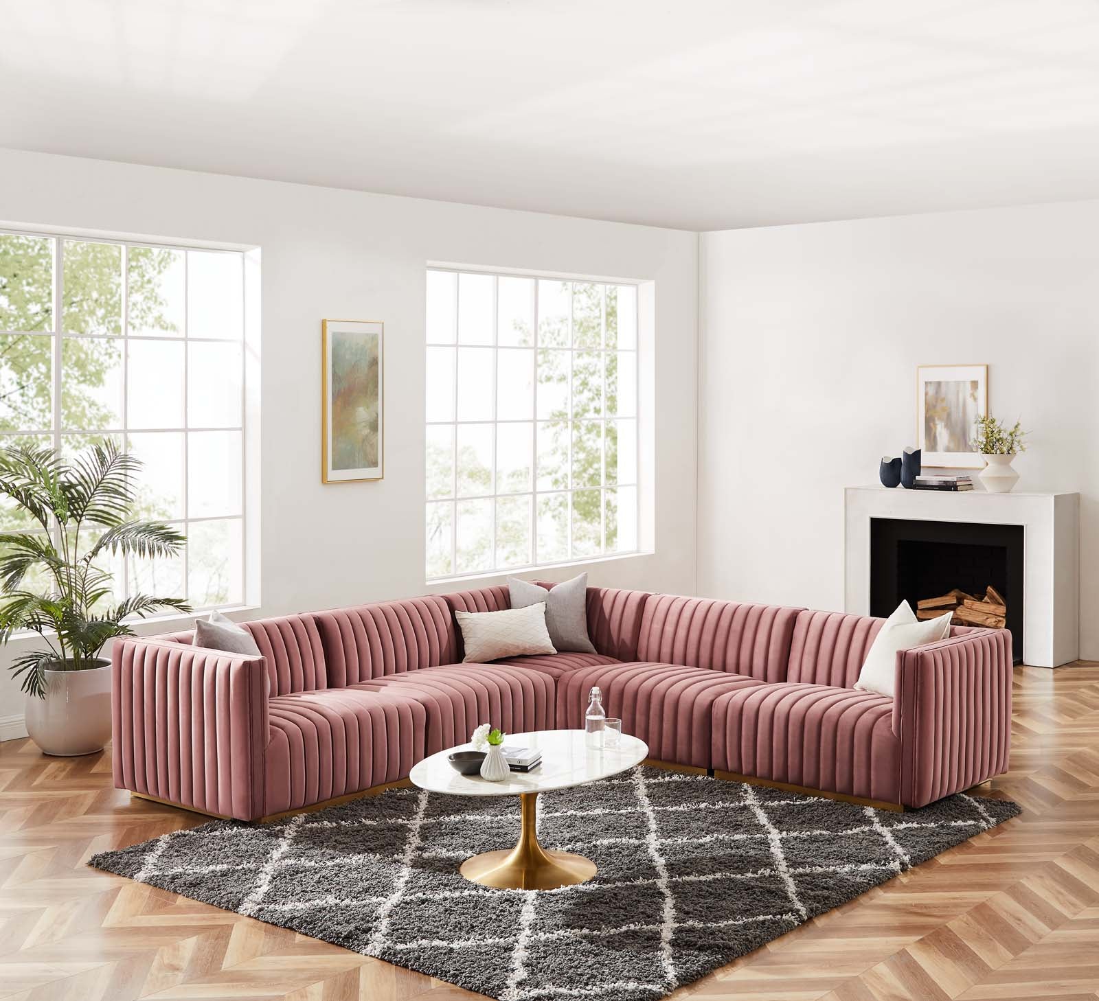 Modway Sectional Sofas - Conjure Channel Tufted Performance Velvet 5 Piece Sectional Sofa Gold | Dusty Rose