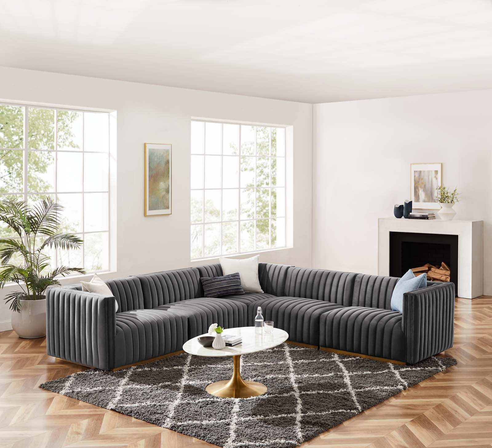 Modway Sectional Sofas - Conjure Channel Tufted Performance Velvet 5 Piece Sectional Sofa Gold Gray