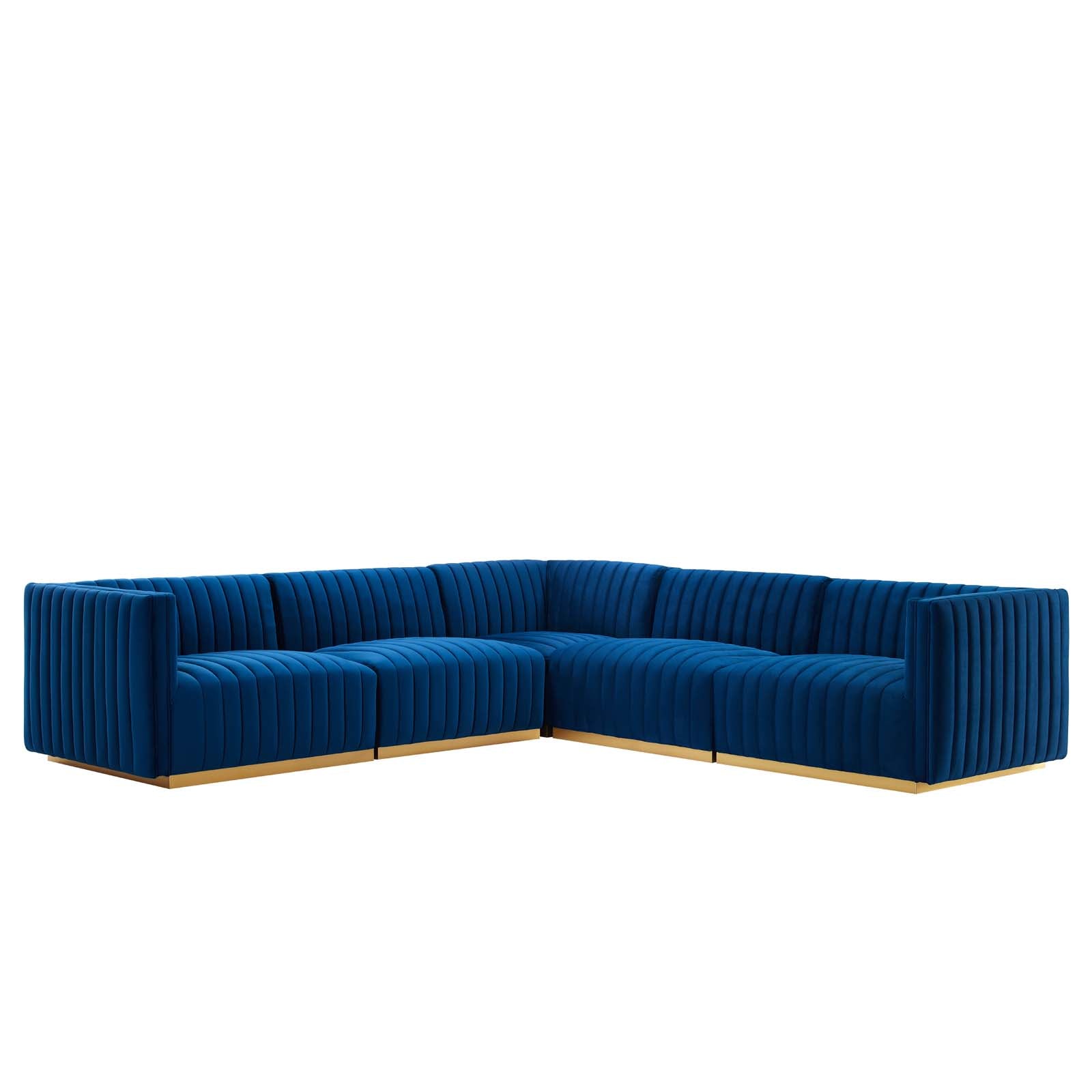 Modway Sectional Sofas - Conjure Channel Tufted Performance Velvet 5 Piece Sectional Gold Navy EEI-5849-GLD-NAV