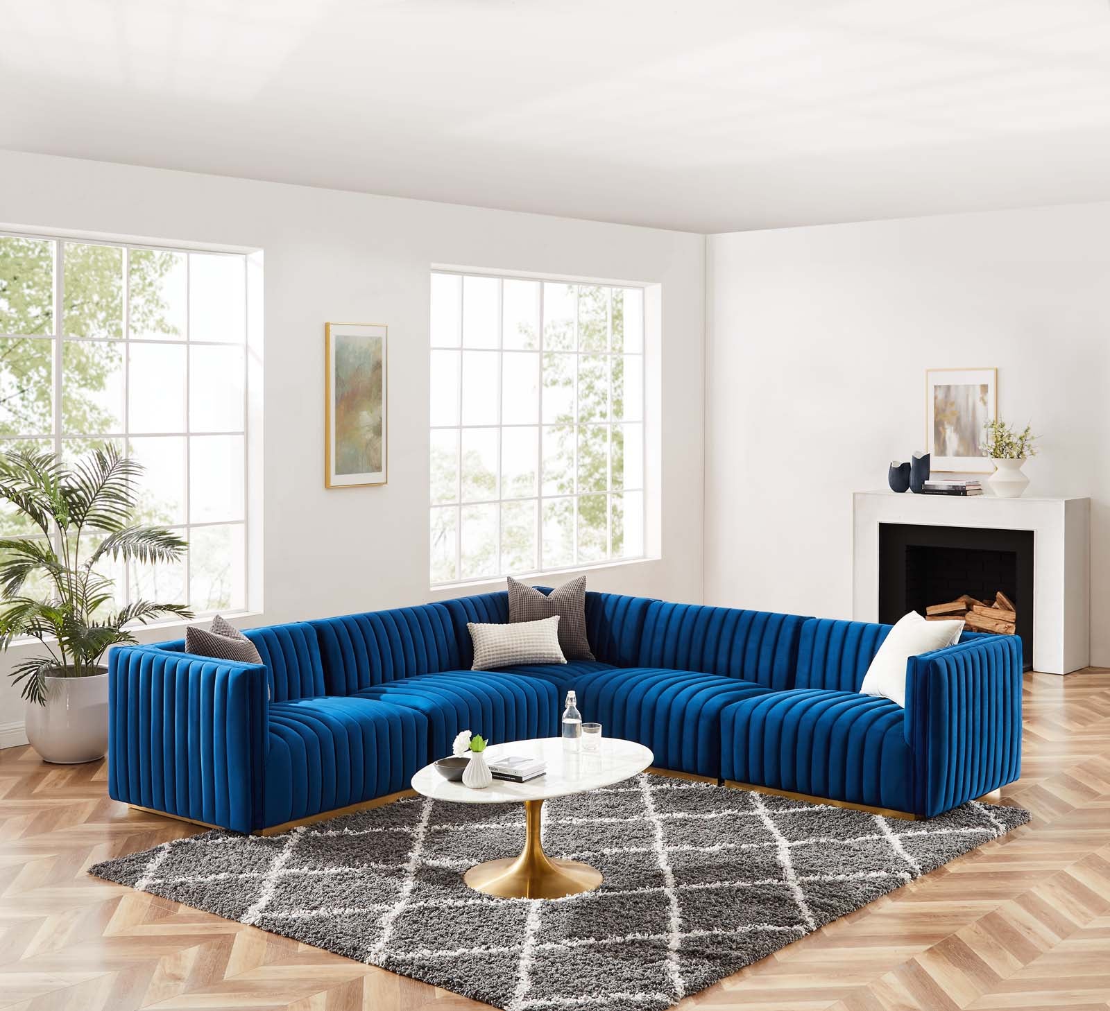 Modway Sectional Sofas - Conjure Channel Tufted Performance Velvet 5 Piece Sectional Gold Navy EEI-5849-GLD-NAV