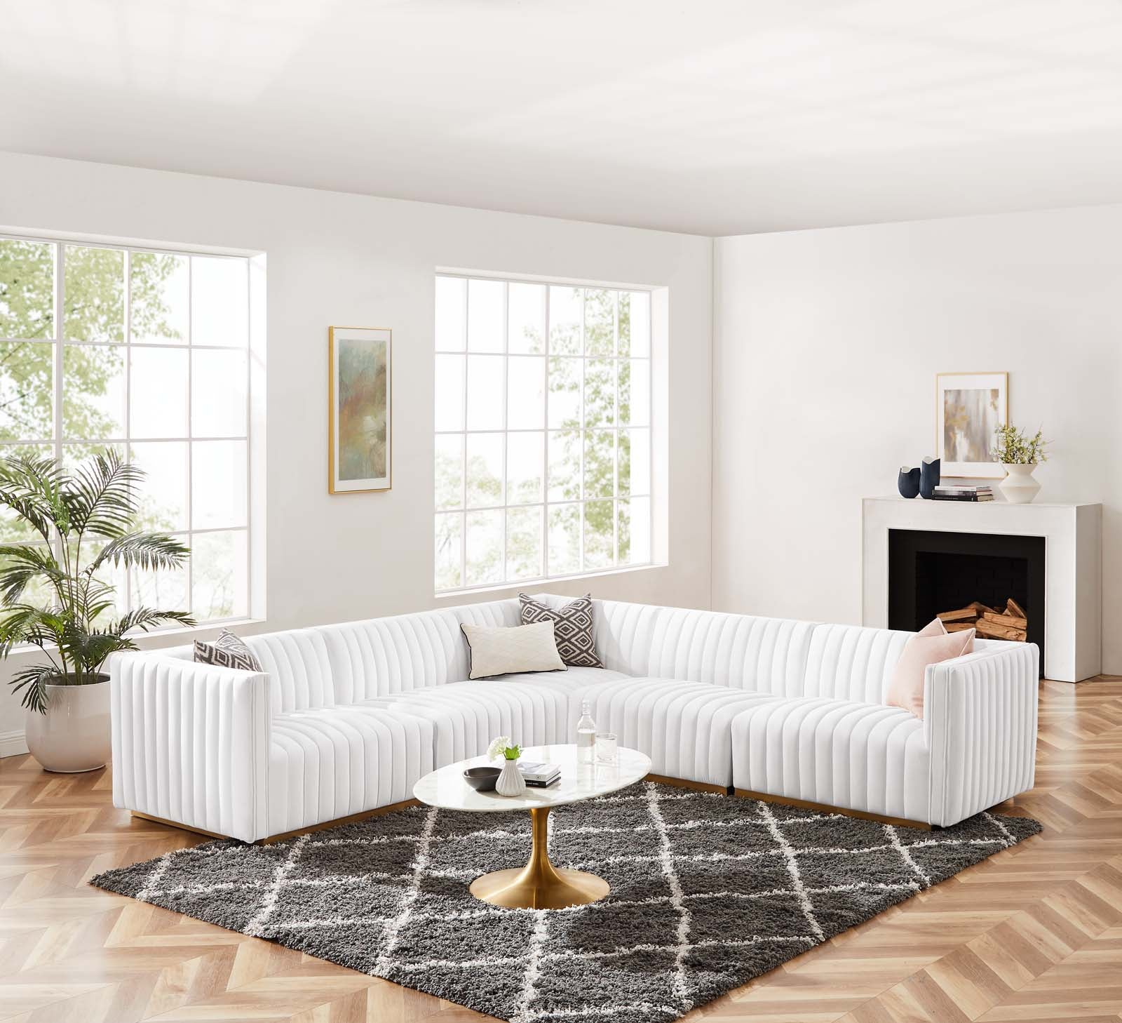 Modway Sectional Sofas - Conjure Channel Tufted Performance Velvet 5 Piece Sectional Gold White EEI-5849-GLD-WHI