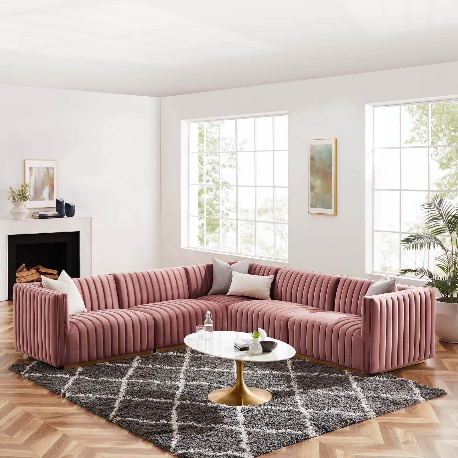 Modway Sectional Sofas - Conjure Channel Tufted Performance Velvet 5 Piece Sectional Gold | Dusty Rose